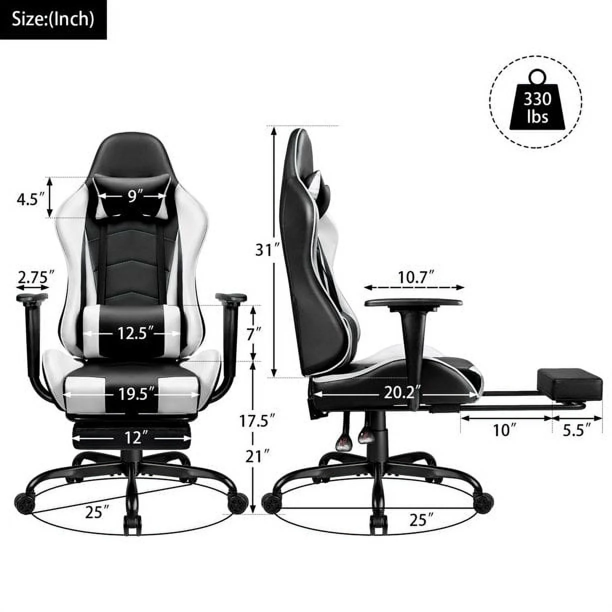 Lacoo High Back Gaming Chair PU Leather Adjustable Height Racing Chair with Lumber Support Ergonomic Gaming Chair with Reversible, White