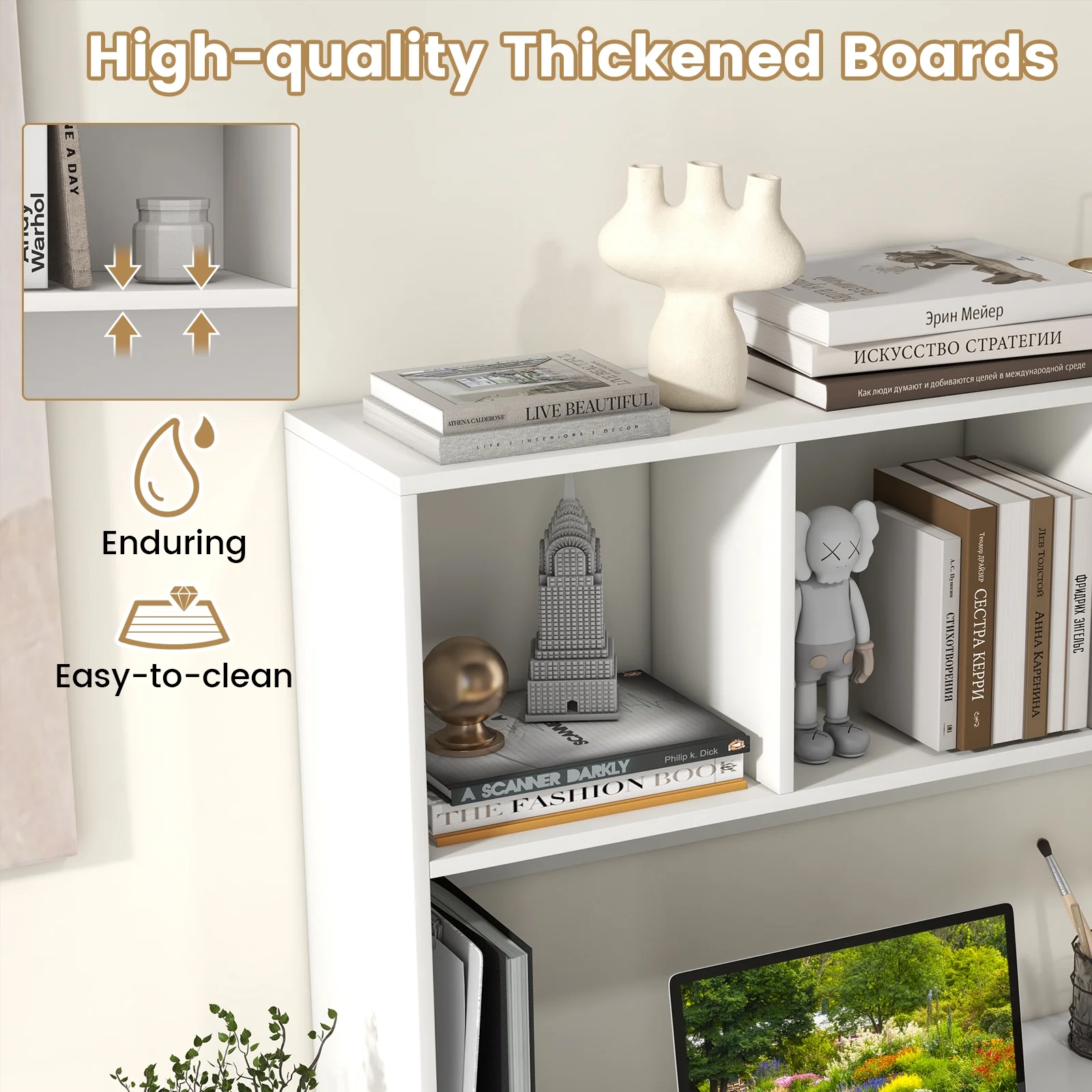 Giantex Desk Hutch, 2-Tier Desktop Organizer Shelf for Computer Desk, Wide Wooden Table Top Bookshelf, Countertop Storage Rack, White