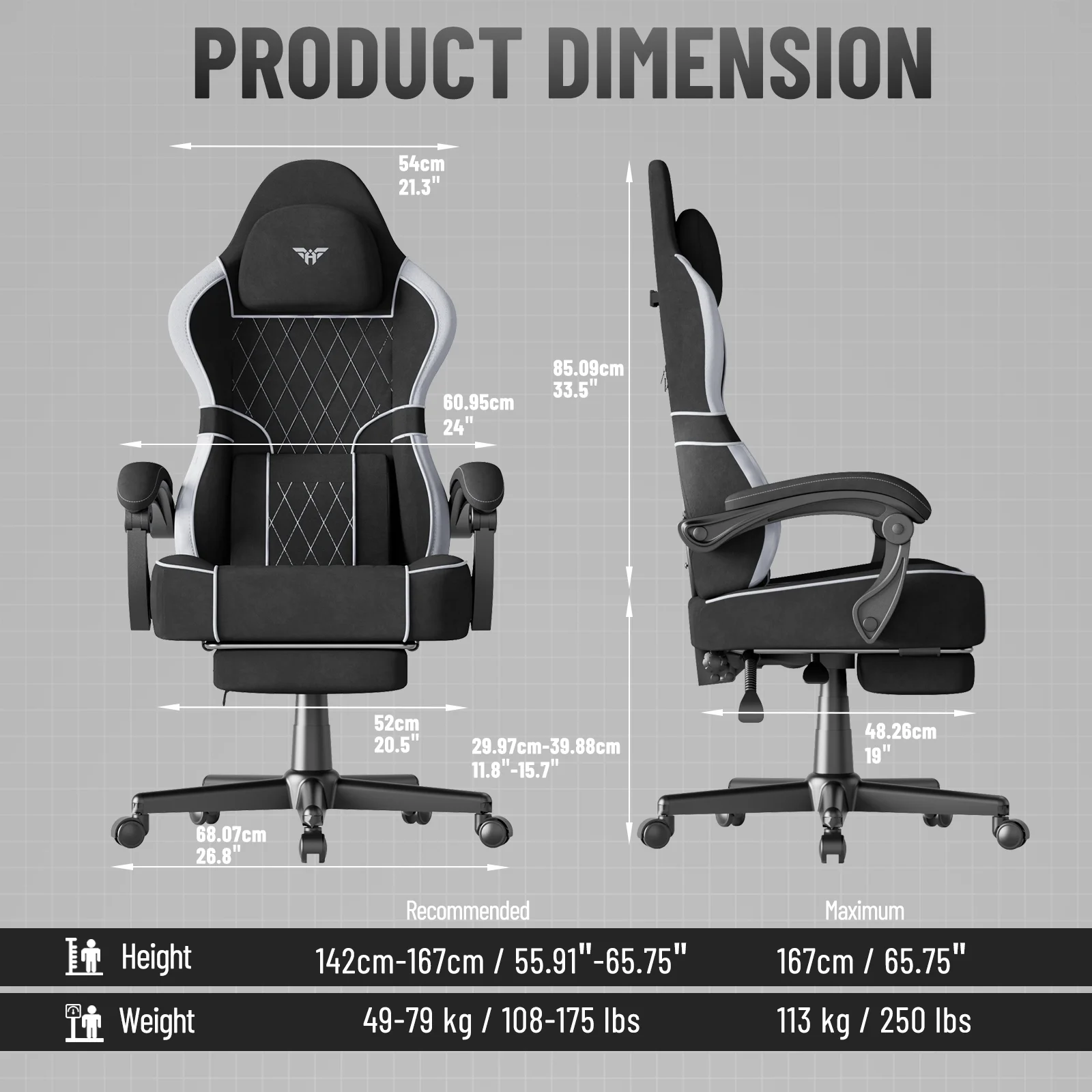 SOONTRANS Gaming Chair for Adults, Velvet Fabric High Back Comfortable Video Game Chair with Footrest and Massage Lumbar Cushion, Racing Computer Desk Chair, Ergonomic Gamer Chair, Black/Grey