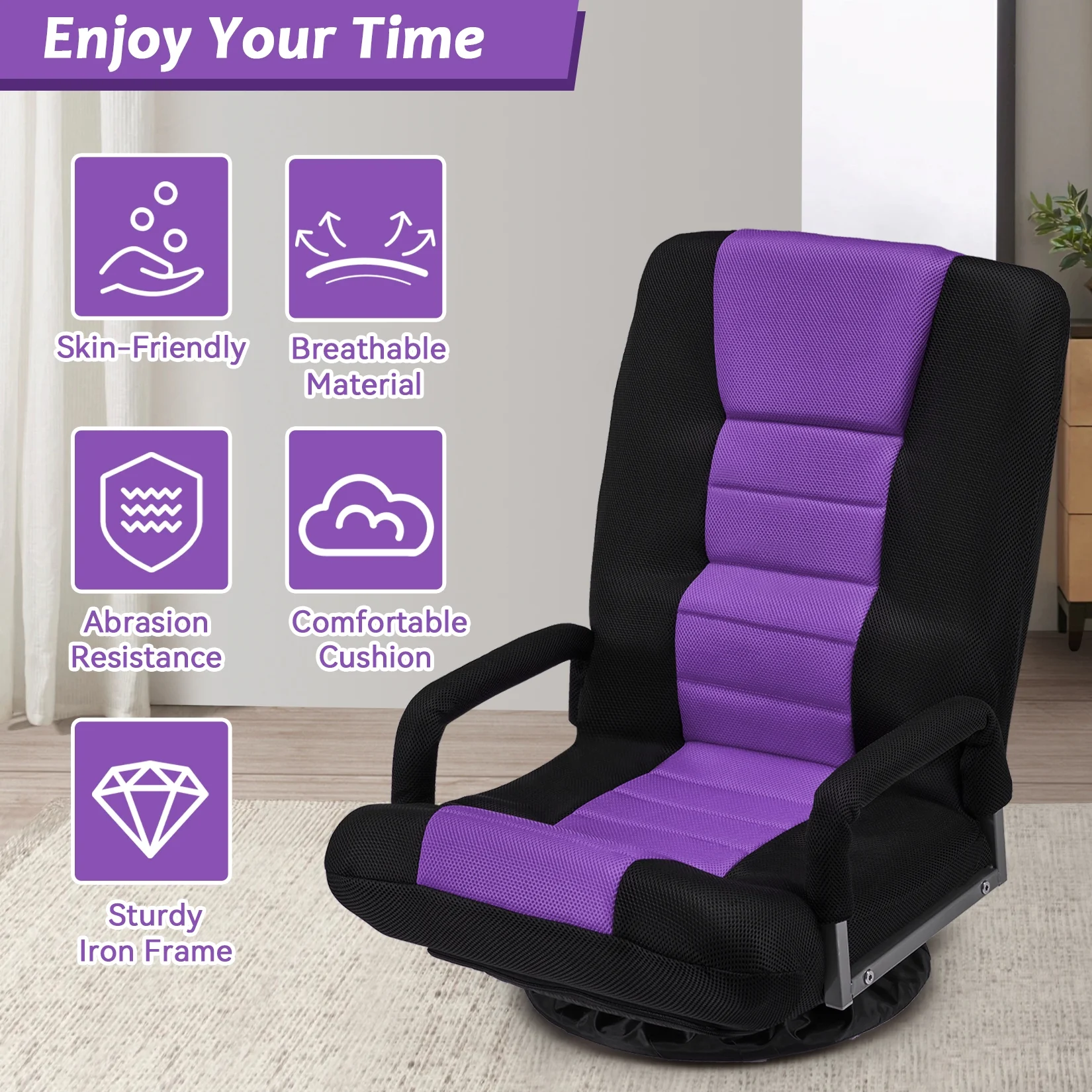 Avocahom Swivel Gaming Floor Chair w/ Armrest Handles, No Assembly gaming chair rocker, Folding Reclining Sofa w/6 Position Adjustable Backrest for Video Games, Watching TV, Reading,Blue