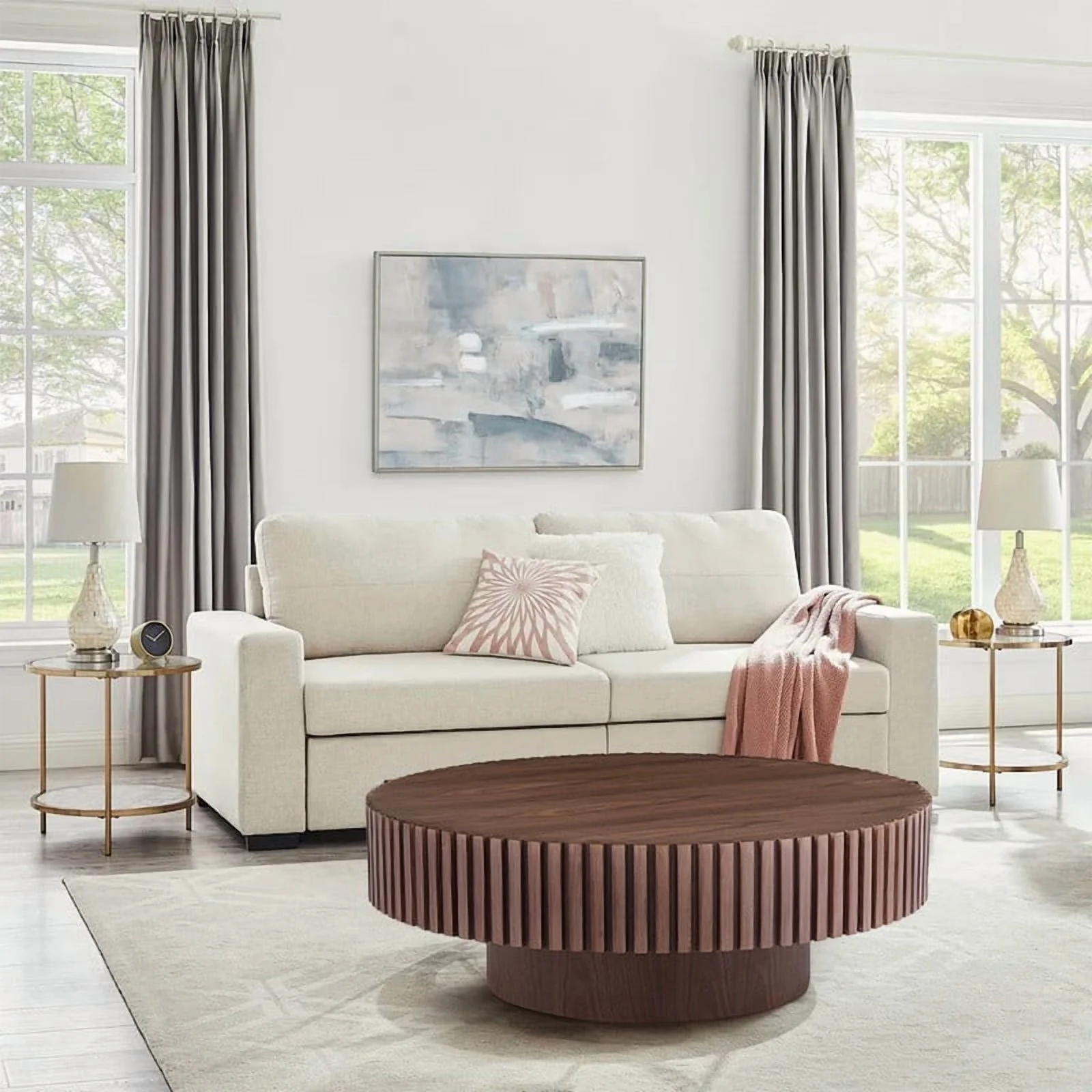 FFH 43.7 inch Oval Coffee Table for Living Room,Handcraft Rustic Corner Coffee Table Nature Wood Relief Sturdy Pedestal for Apartmen,Side Table Centre Table,Nature Wood