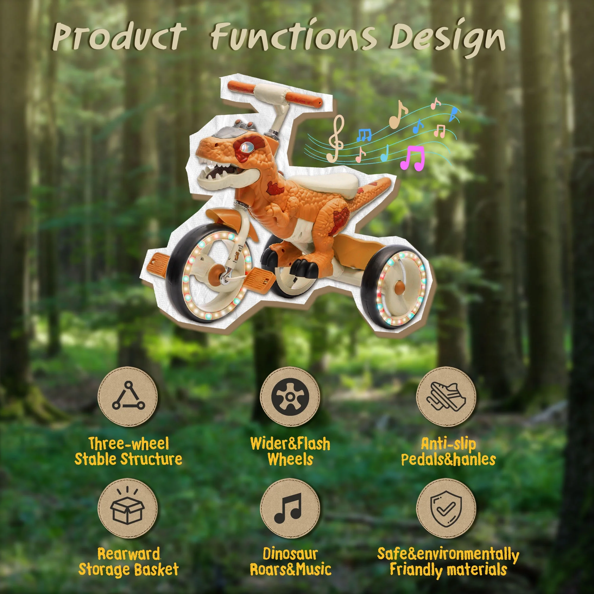 Xuanlur Kids Ride on Dinosaur Tricycle, Toddlers Kid Trike with Wide Flash Wheels, Anti-Slip Pedals, Rear Basket, Music & LED Lights, Toddler Bike Toys Gift for 3-6 Year Old Boys & Girls (Green)