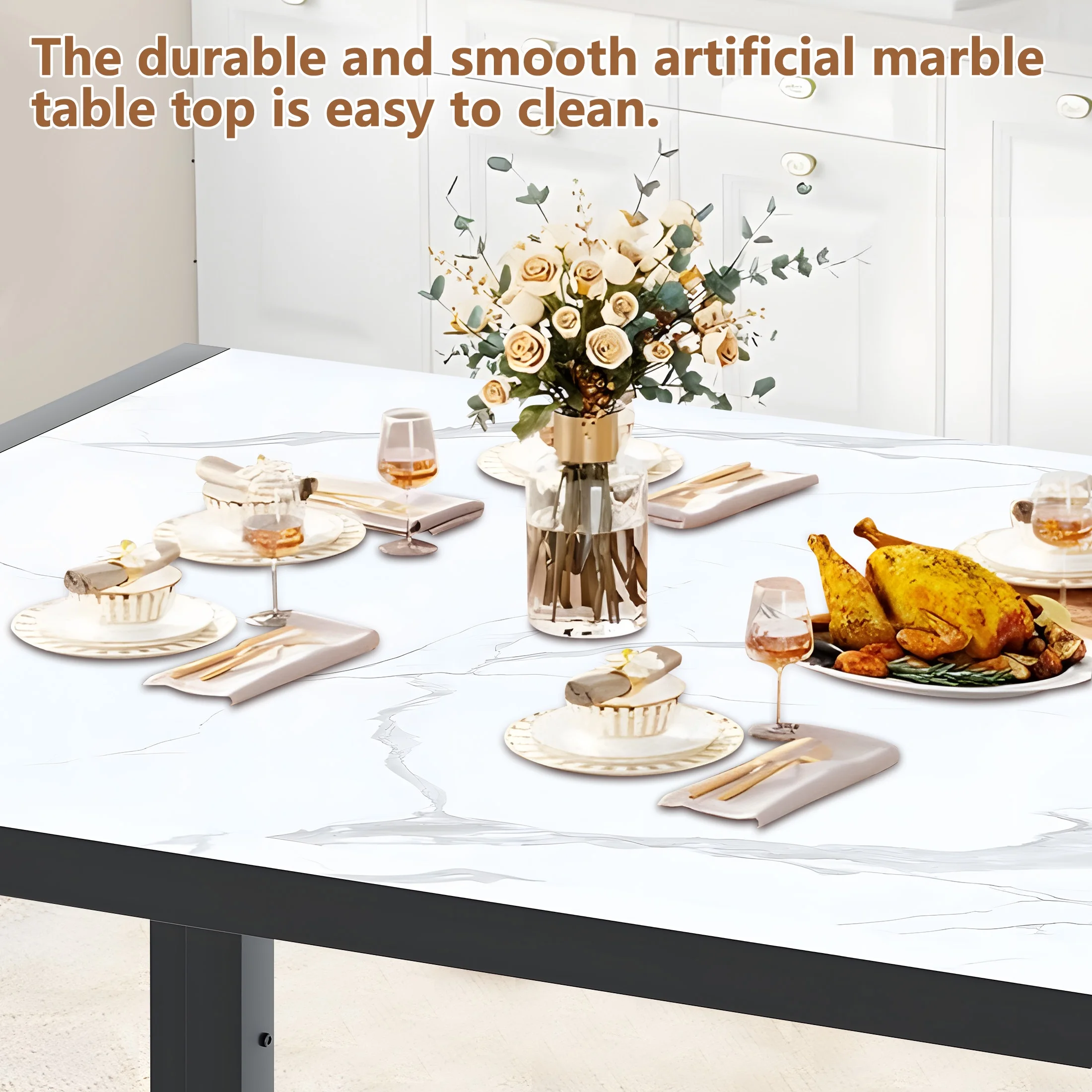 UHOMEPRO Dining Room Table Set, 3-Piece Dining Table Set with 2 Benches, Kitchen Table Set for 4 with Metal Frame, Modern Dining Room Set Furniture Set for Bar Dining Room Breakfast Nook, Black