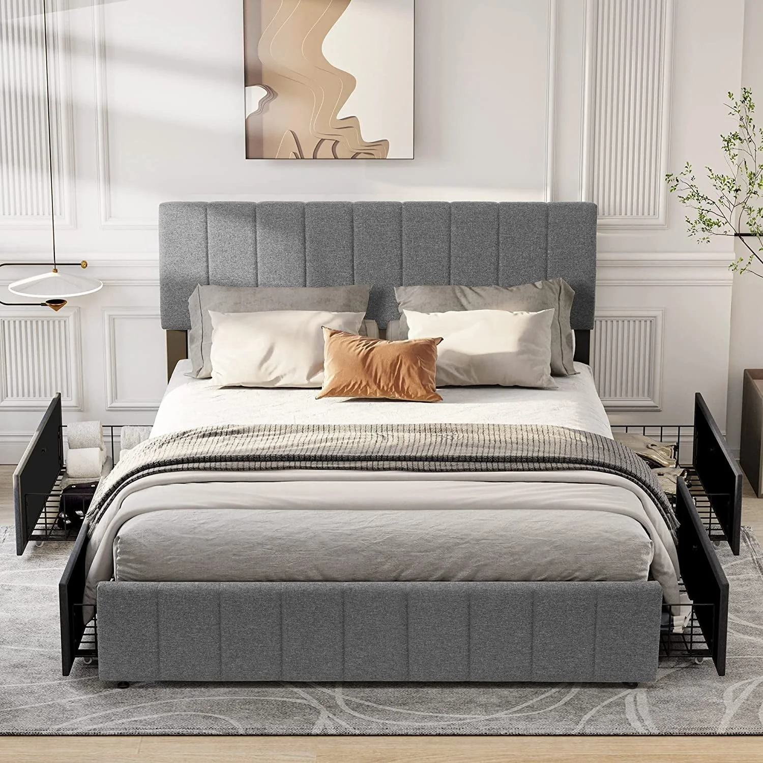 Dextrus Upholstered Platform Bed Frame with 4 Storage Drawers and Adjustable Headboard, Mattress Foundation with Sturdy Wood Slat Support, No Box Spring Needed, Grey(Queen)