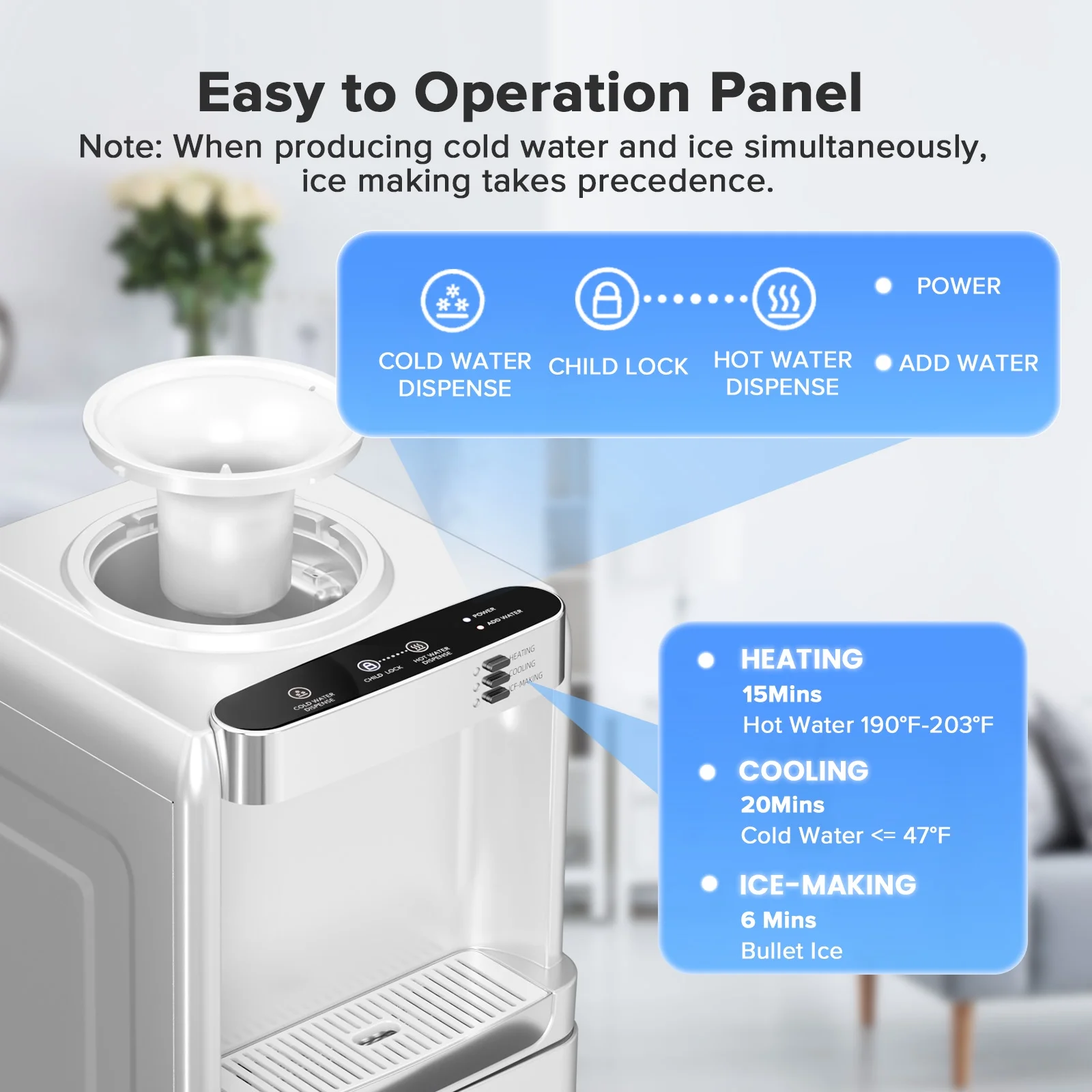 LHRIVER 2-5 Gallon Water Dispenser & 6-Min Ice Maker, 3-in-1 Hot/Cold/Ice, Child Lock & Energy-efficient, for Home/Office, Black