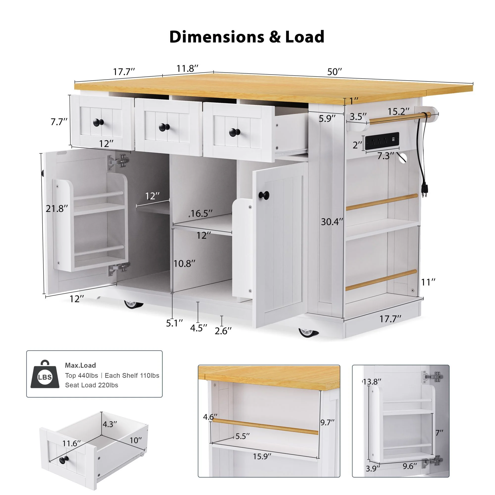 DEALTOPS 53 inch Large Kitchen Island with Drop Leaf, Power Outlet,Rolling Kitchen Storage Cart for Kitchen, Dining Room-White