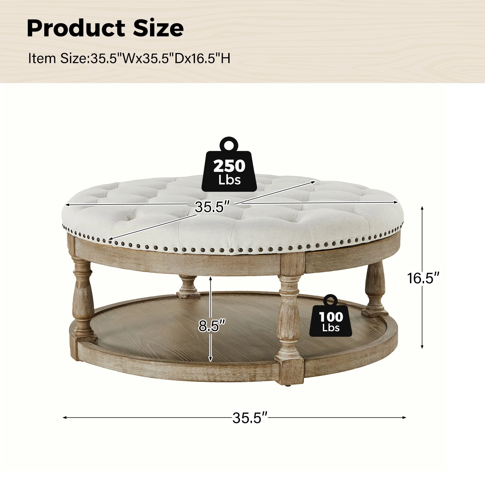 36'' Wide Blue Round Large Ottoman Tufted Coffee Table with Storage Wood Legs Home Living Room