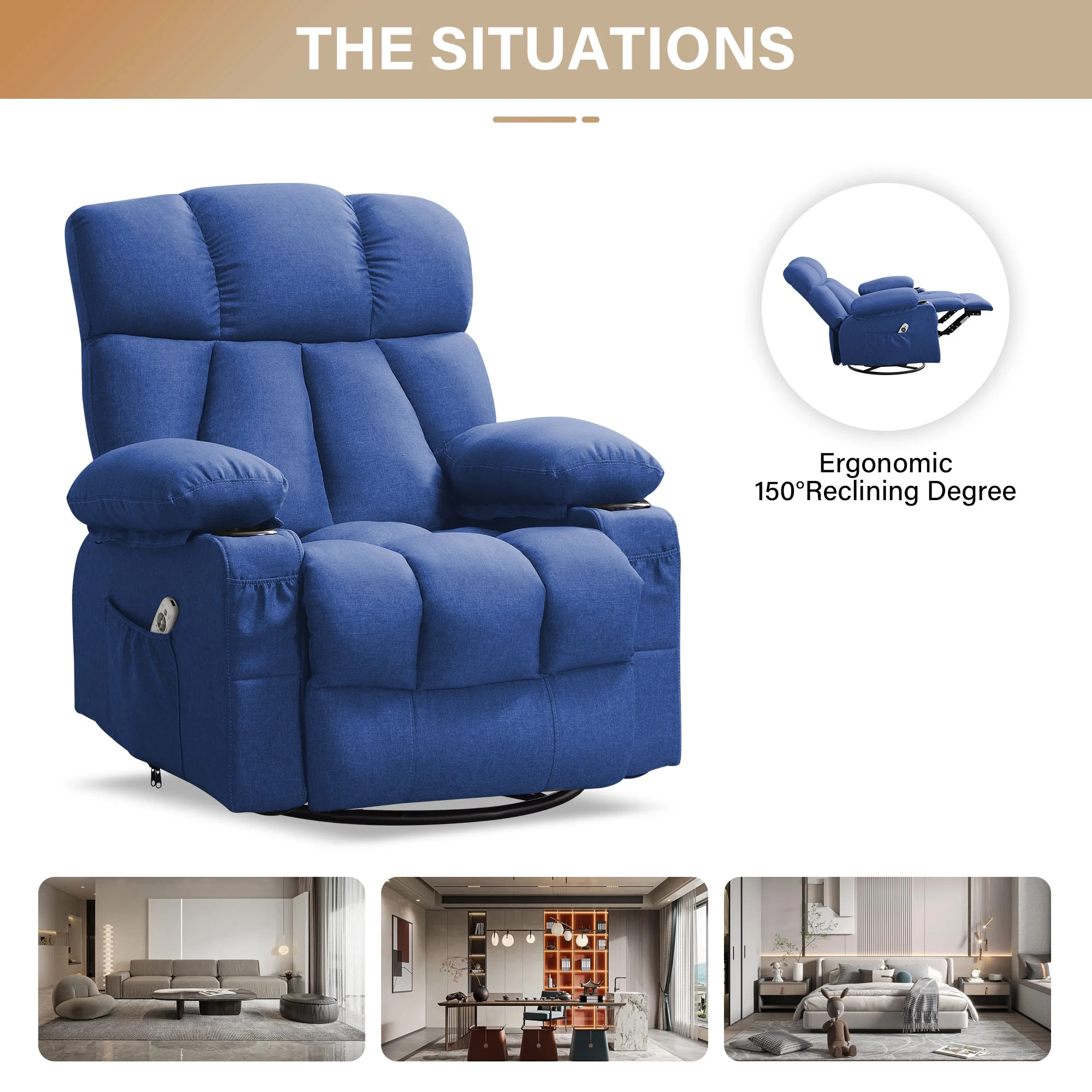 JONPONY Manual Recliner Chair with Heat Therapy and Massage Function, Heavy Duty Reclining Mechanism Massage Chair, Elderly Single Rocker Sofa with Cup Holders for Bedroom Home Theater,Grey