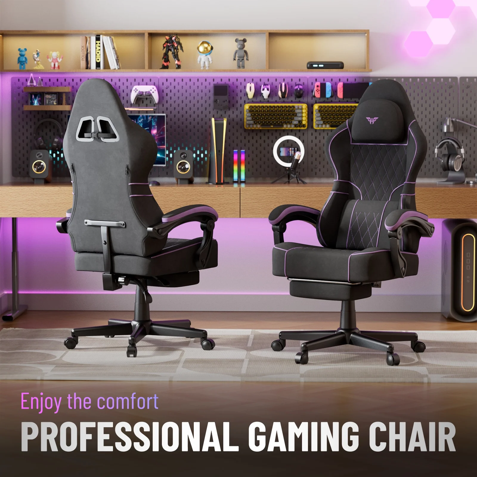 SOONTRANS Gaming Chair for Adults, Velvet Fabric High Back Comfortable Video Game Chair with Footrest and Massage Lumbar Cushion, Racing Computer Desk Chair, Ergonomic Gamer Chair, Black/Grey