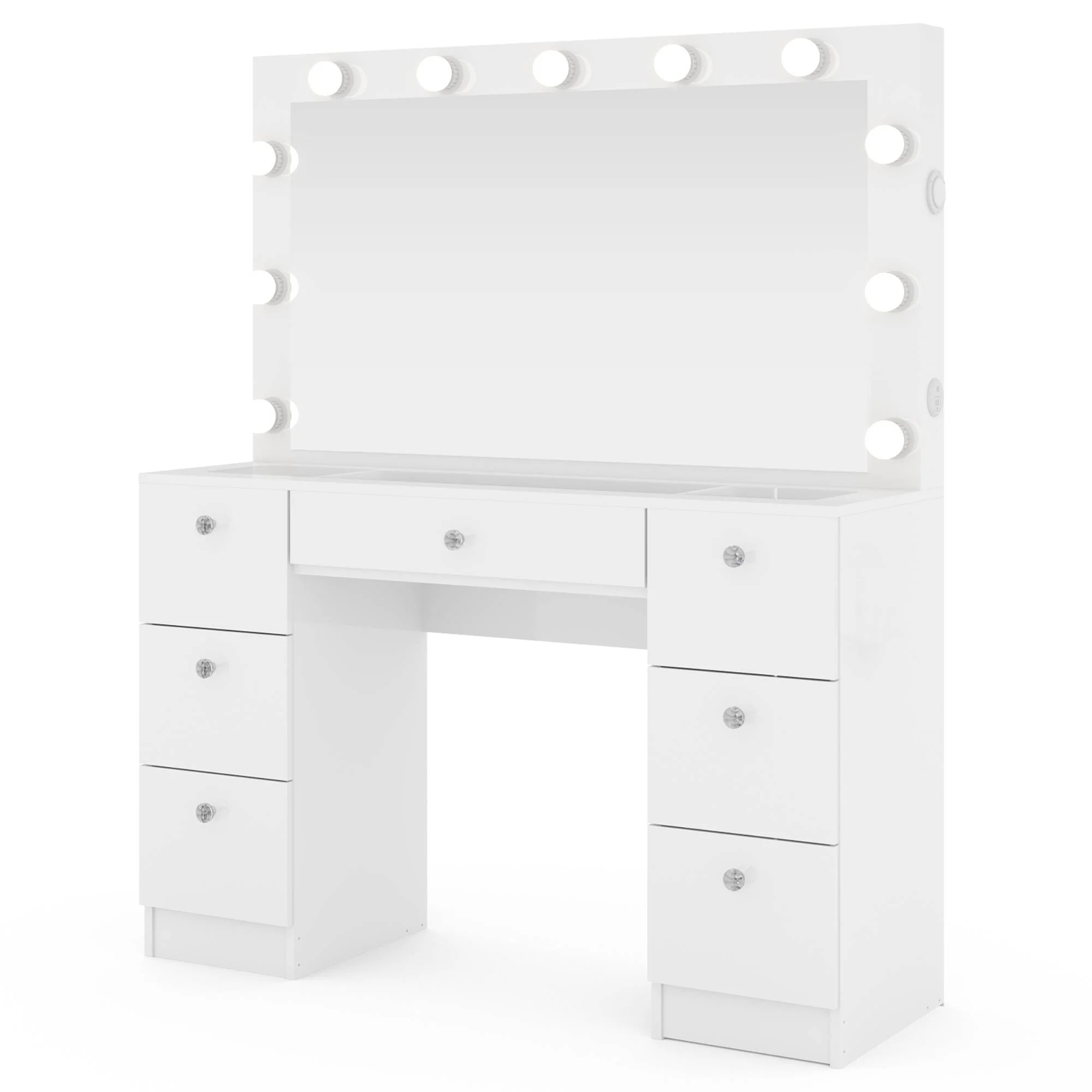 Ember Interiors Ibbie White Makeup Vanity with Glass Top, Lights, Charging Station