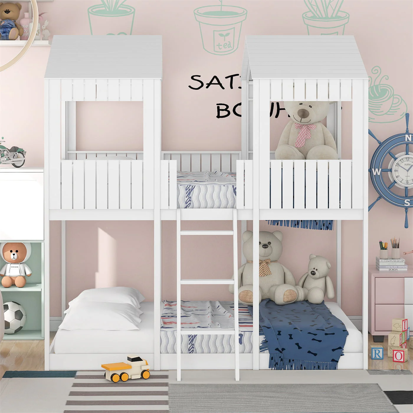 Full Over Full Bunk Bed House Bed with Dual Roofs, Wood Loft Bed Frame with Full-Length Guardrails & Inclined Ladder, Space Saving Design, No Box Spring Needed, White