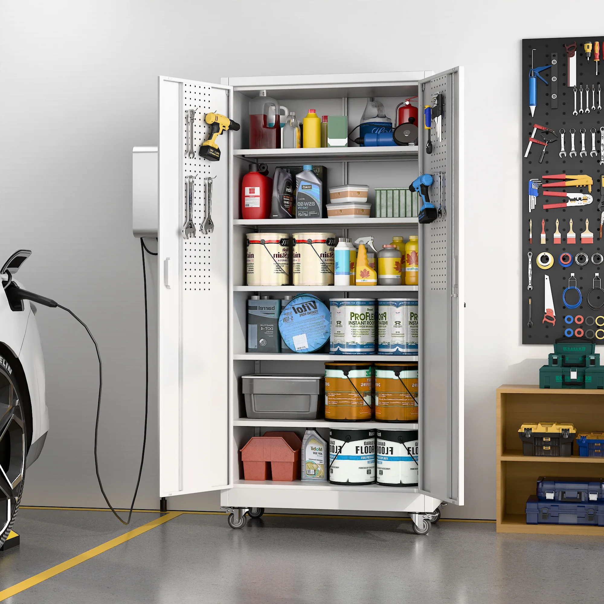 SUPEER Metal Rolling Storage Cabinets with Locking Doors and 5 Adjustable Shelves, Steel Garage Storage Cabinet for Garage, Office, Classroom, Assemble Required(Black)