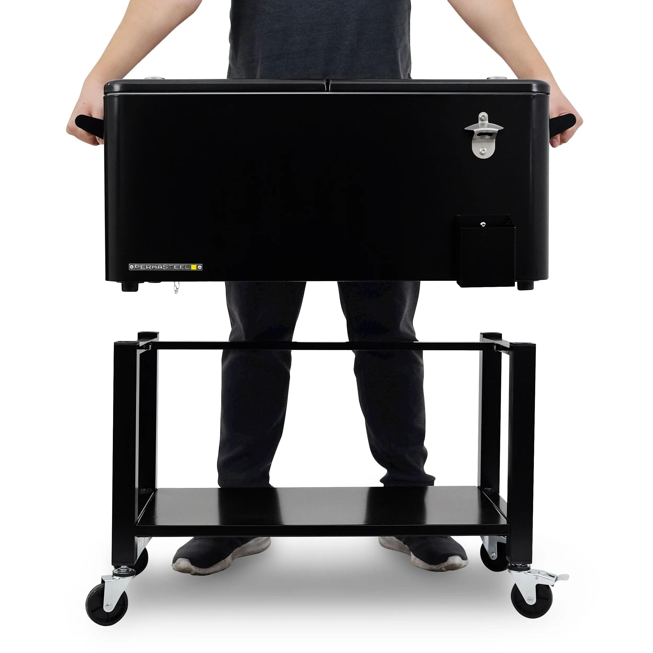 Permasteel 80-Qt Outdoor Steel Patio Cooler with Removable Basin, Rolling Cooler with Wheels, Teal Green