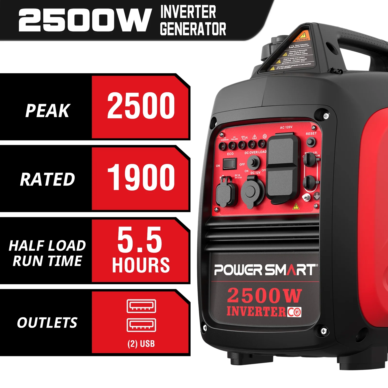 PowerSmart 2500W Portable Inverter Gas Generator Super Quiet Low Oil Shutdown Low Noise for Camping
