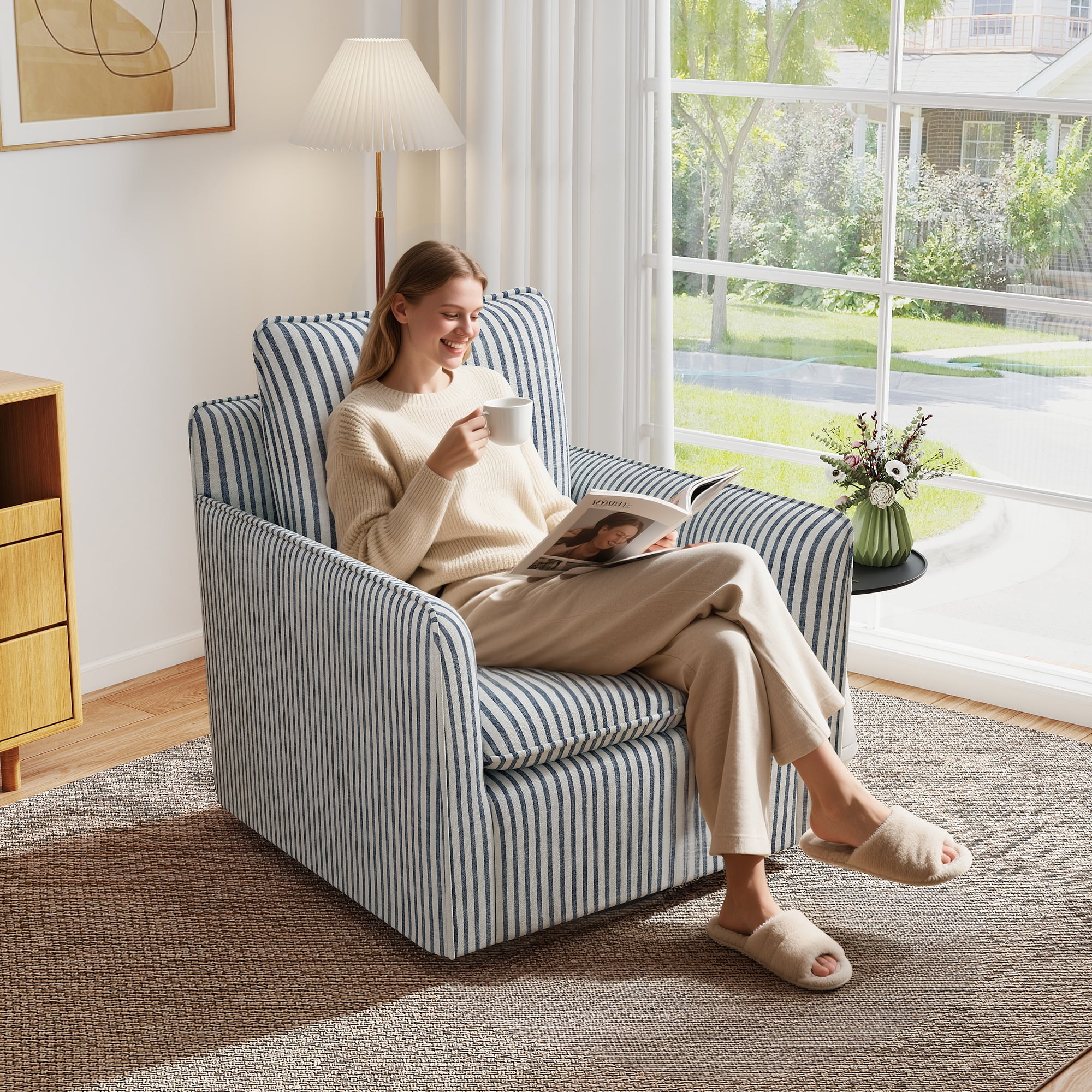 Bonzy Home 360�� Swivel Chair with Thick Cushion �C Blue Stripe Fabric Accent Chair for Living Room, Bedroom, Office �C Fully Assembled