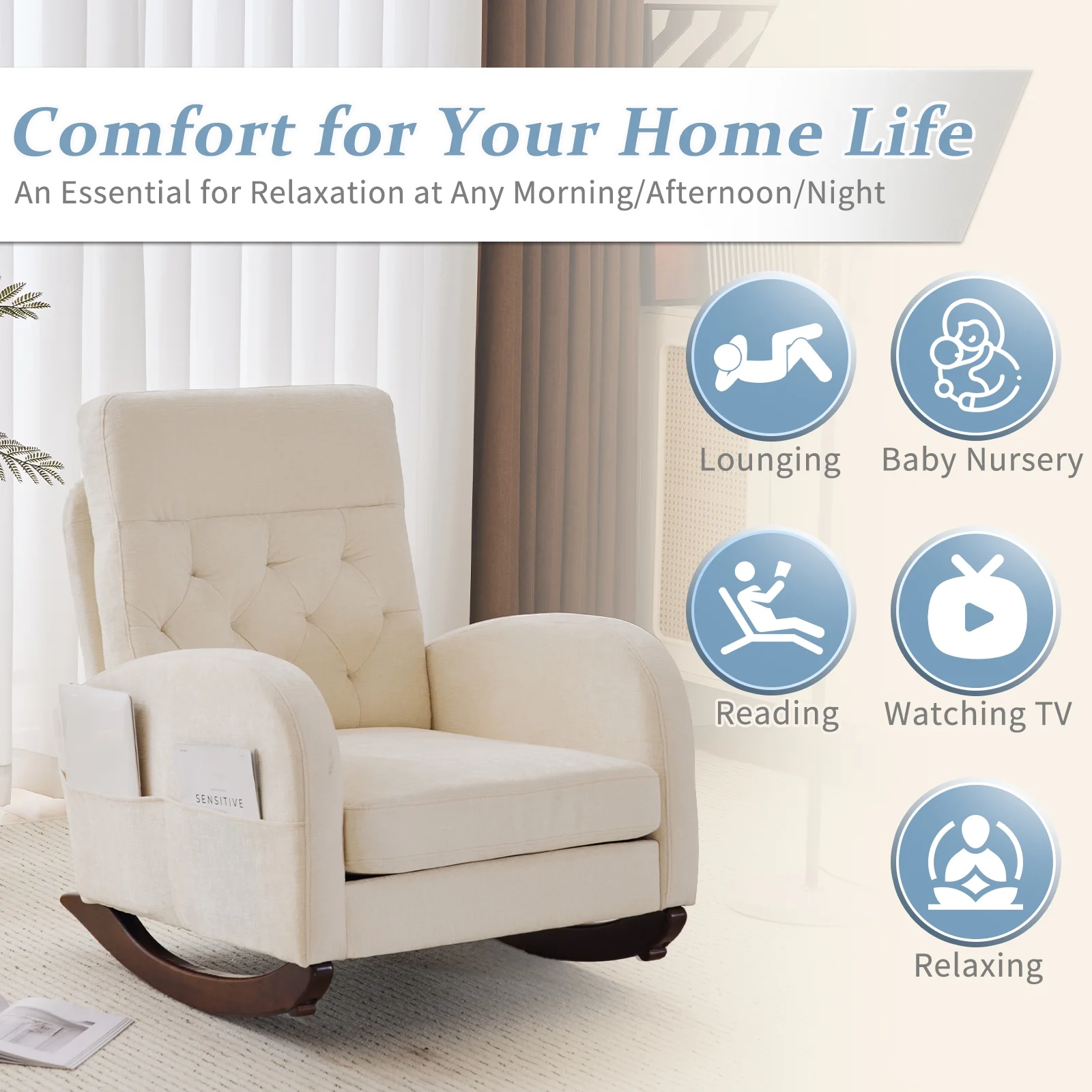 Ktaxon Rocking Accent Chair Glider Reading Chair Comfy Teddy Velvet Upholstered Single Sofa Rocker for Living Room, Nursery, Bedroom Beige