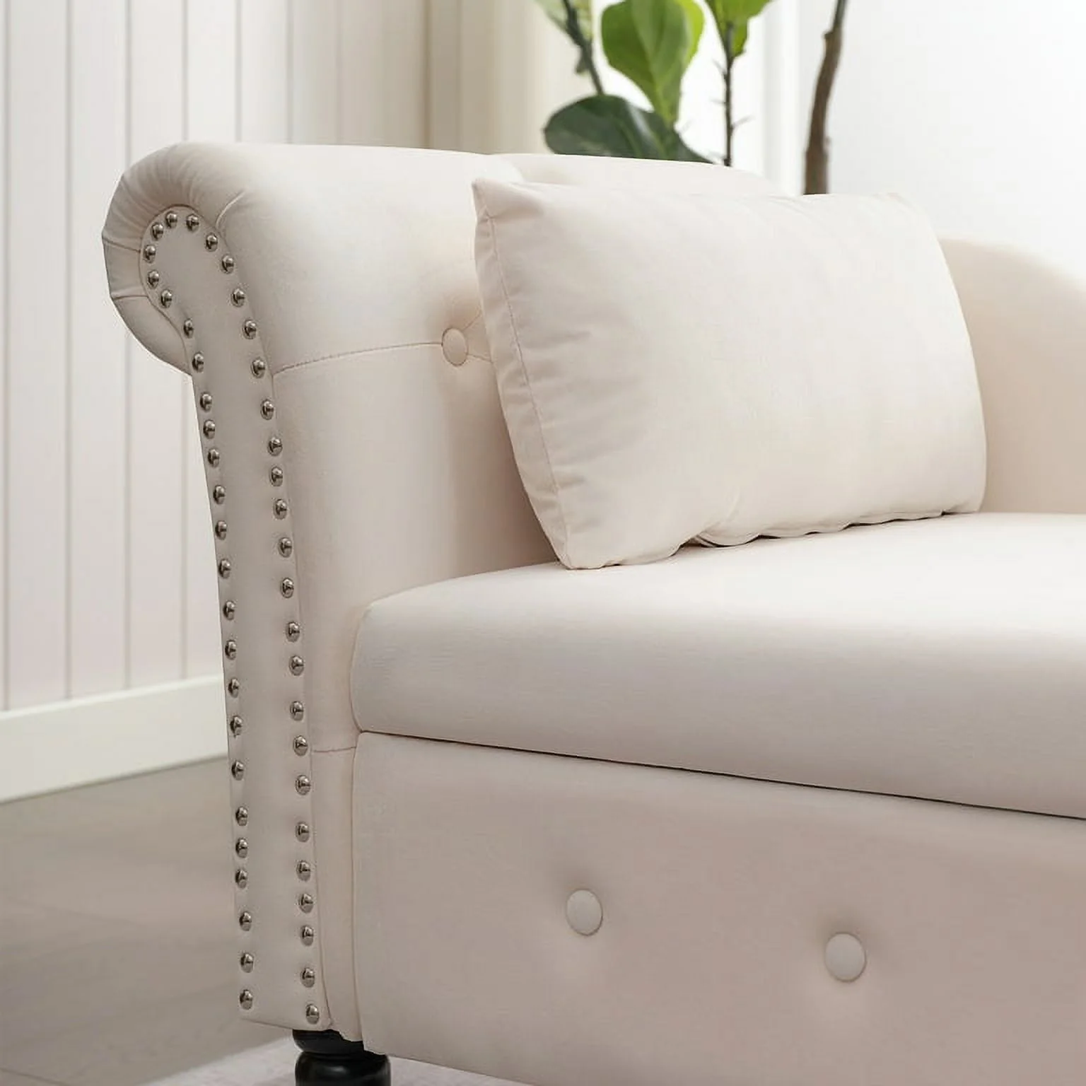 MUZZ Modern Velvet Chaise Lounge Indoor Chair,Tufted Long Lounge with Pillow for Living Room/Bedroom/Office（Beige)