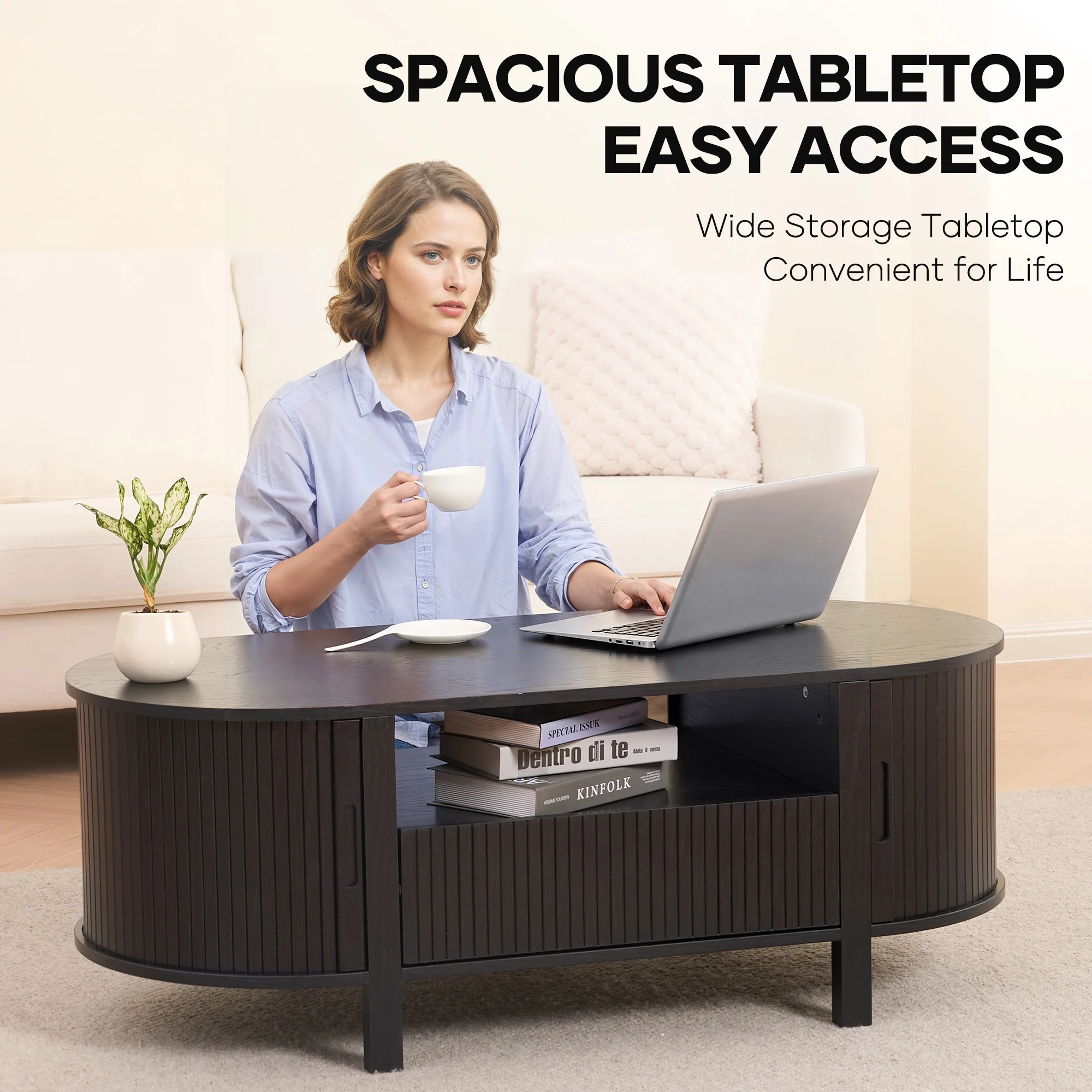 MARNUR Coffee Table with Storage, Tambour Sliding Door, Open Shelf, Mid Century Modern Center Table with Drawer for Living Room, Walnut