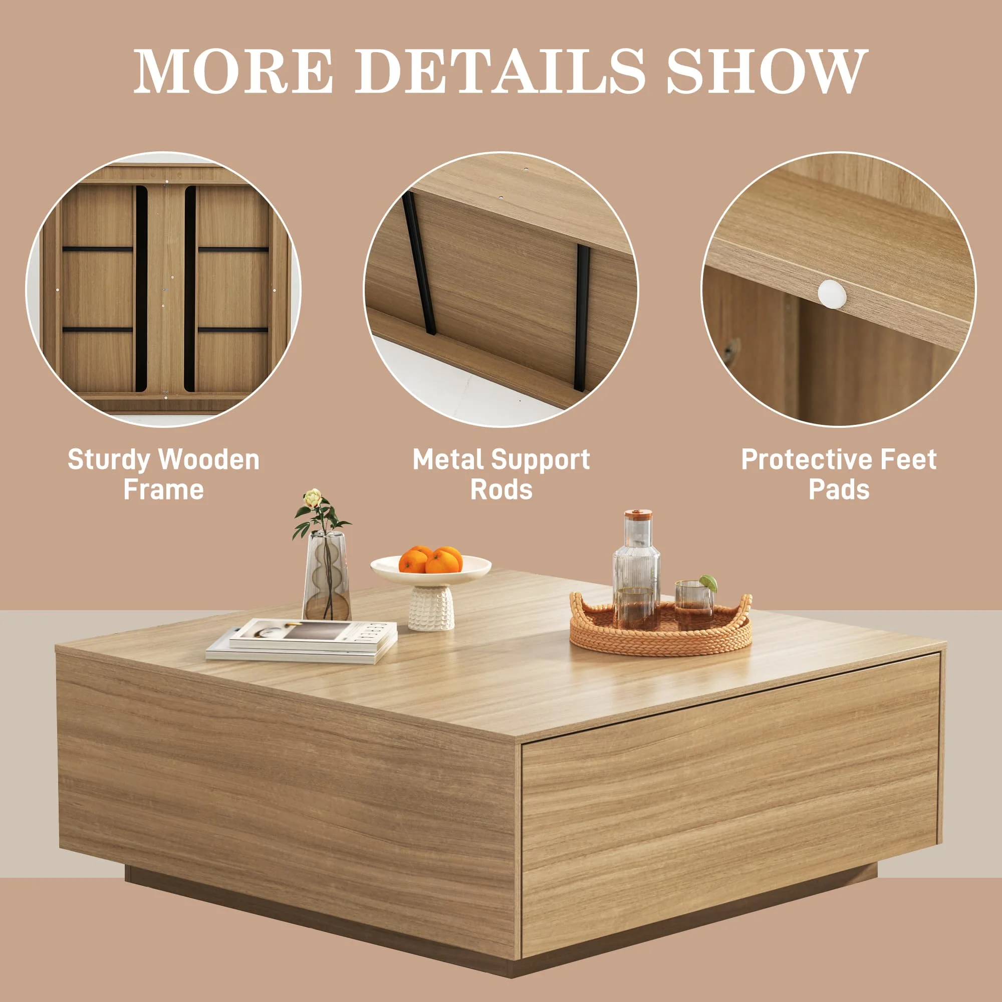 Blotout Square Coffee Table with 2 Large Drawers, 43