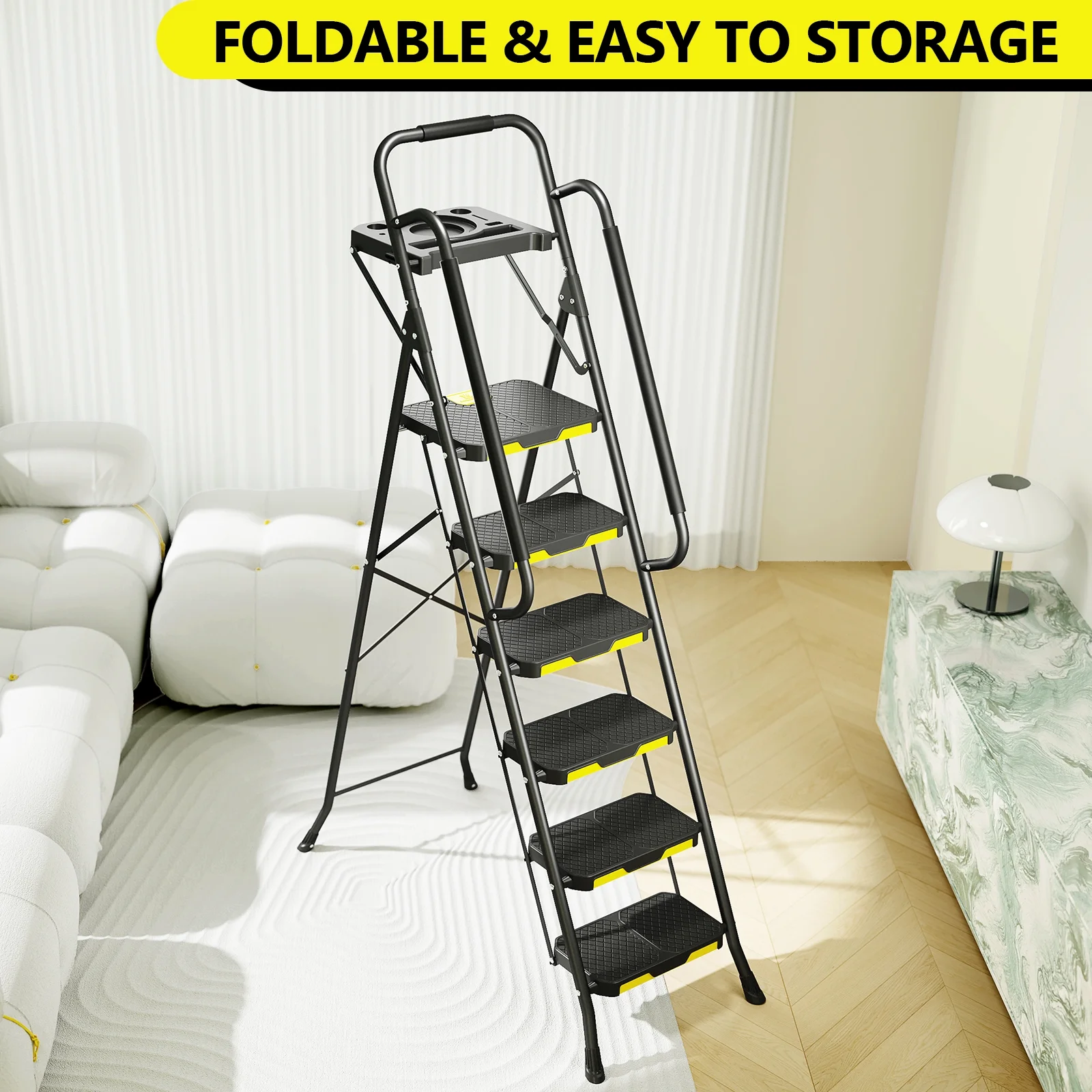 KK KINGRACK 6 Step Ladder, Metal Ladder with Tool Platform&Handrails, 800 lbs Capacity, Black