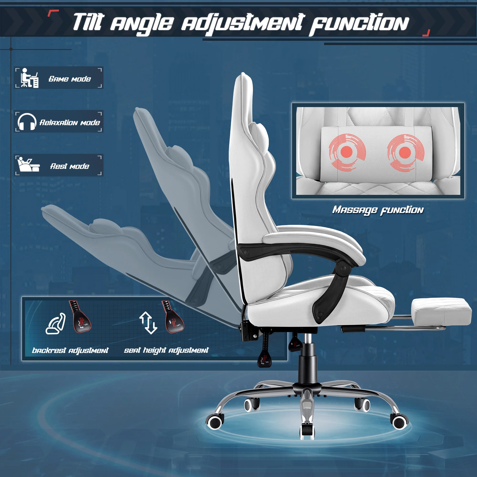 Homall Gaming Chair Fabric Computer Chair Massage Game Chair Cloth Office Chair with Headrest, Lumbar Support & Footrest,Gray