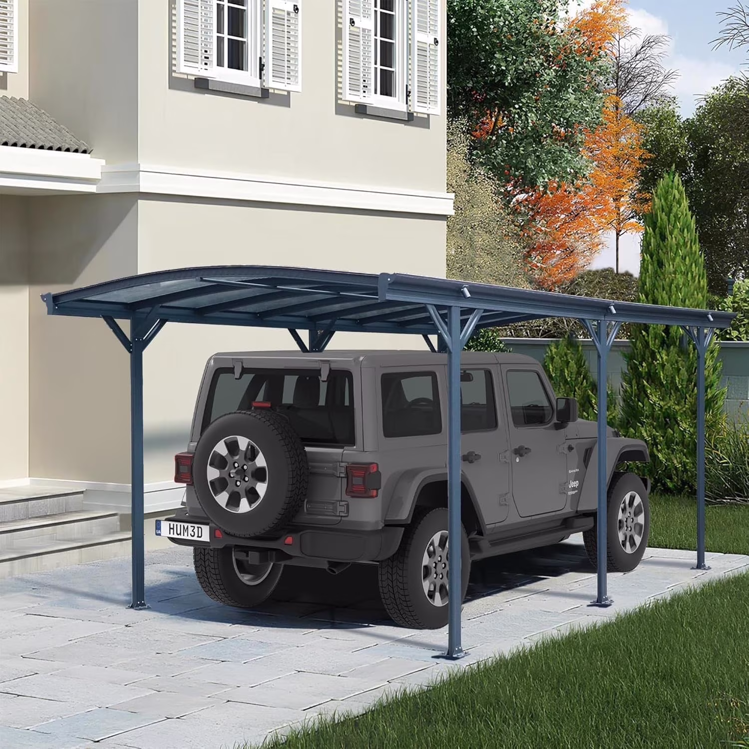JINSEED 10 x 16ft Metal Carport with Heavy Duty Metal Frame & Pitched-Roof Polycarbonate Panel Canopy, Multi-Purpose Shelter for Car, Truck, SUV, Tractor, and Boat,Gray