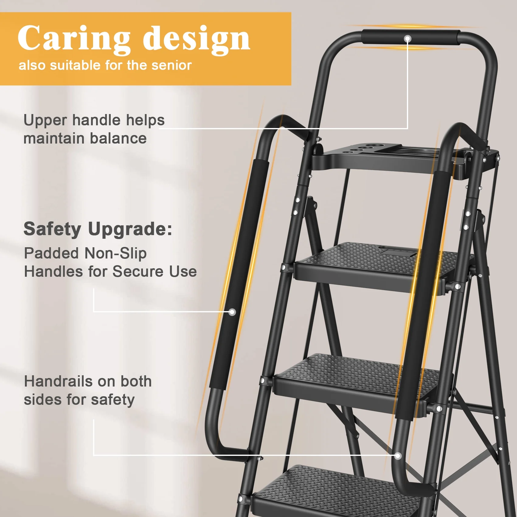 JOZ 5-Step Ladder, 350lbs Portable Folding Ladders for Home, with Handrails and Tool Tray and Anti-Slip Pedal, Black