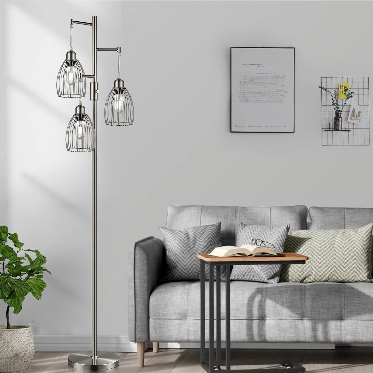 Dimmable Floor Lamp, 3 x 800LM LED Edison Bulbs Included, Farmhouse Industrial Floor Lamp Standing Tree Lamp with Elegant Teardrop Cage Tall Lamps for Living Room Bedroom Office Dining Room