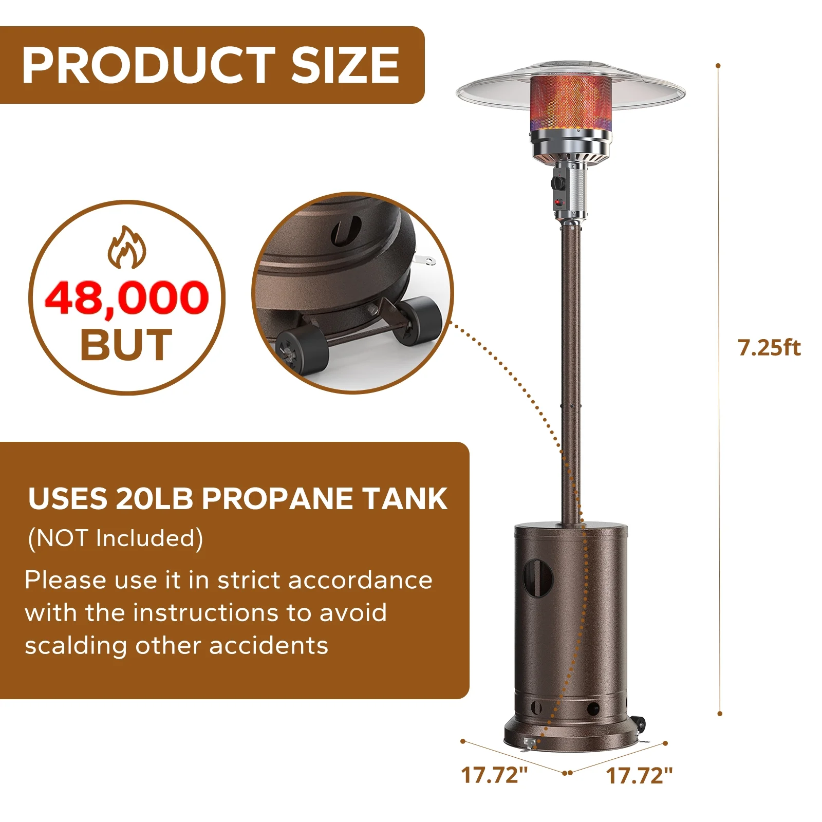 Blorly Propane Heater, 48,000 BTU Outdoor Heaters with Auto-off Safety Protection, Double-Layer Stainless Steel with Wheels