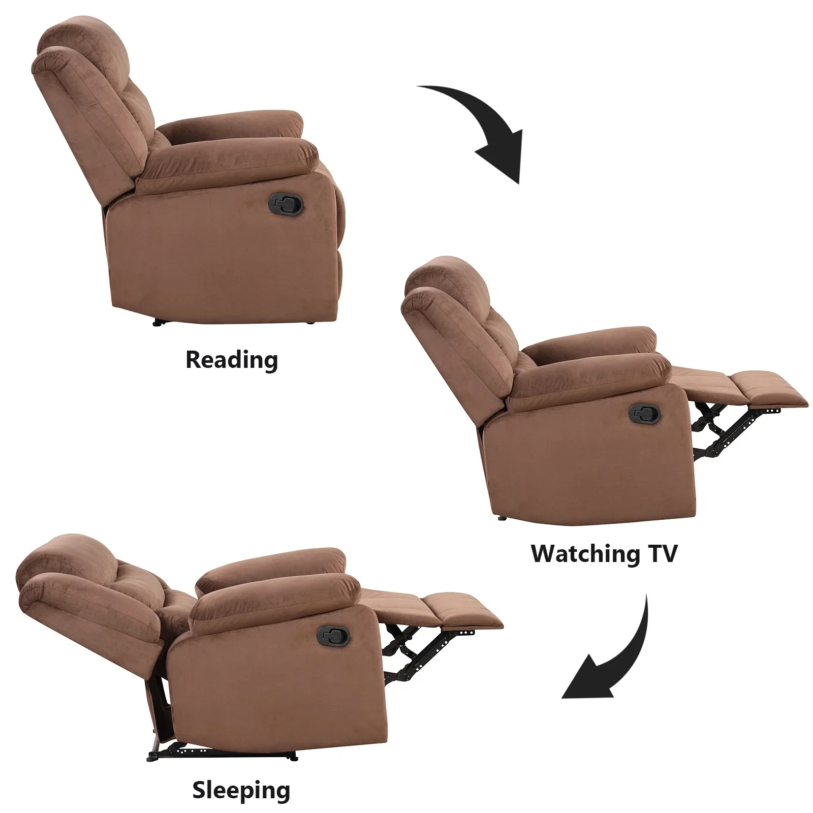 Bonzy Home Recliner Chairs for Living Room Overstuffed Breathable Fabric Reclining Chair Manual Sofa Brown