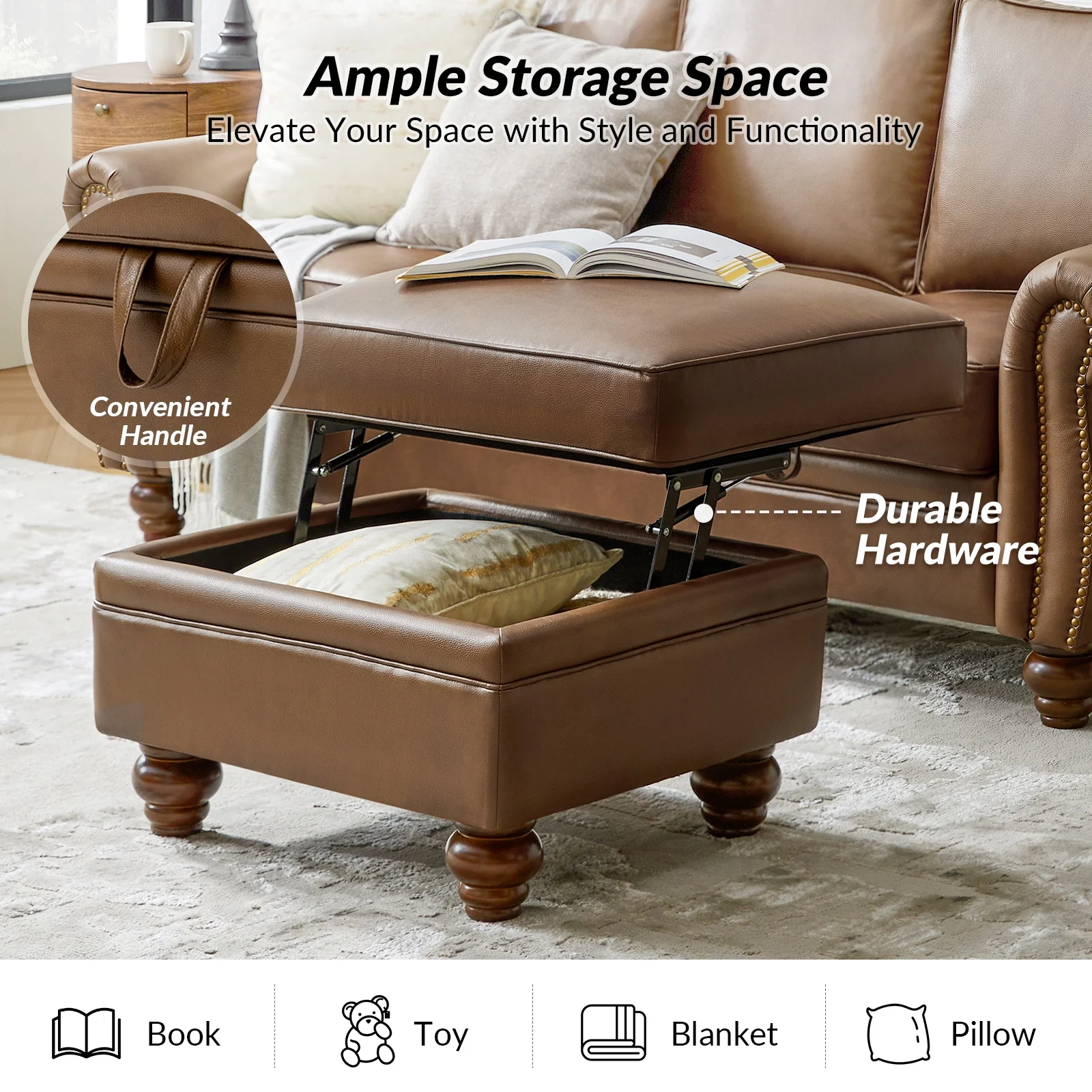 36'' Wide Blue Round Large Ottoman Tufted Coffee Table with Storage Wood Legs Home Living Room