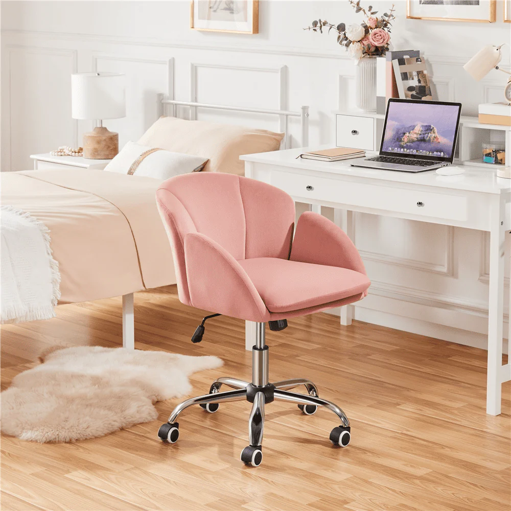 Yaheetech Modern Vanity Chair Swivel Rolling Chair with Armrests, Pink