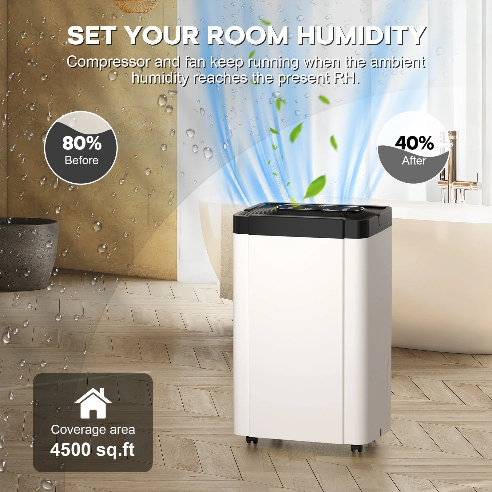 Rocyis 70 Pint 4,500 sq. ft. Dehumidifier for Home, Humidity with Auto Shut off, Auto Drain or Manual Drainage, 0.8 gal Water Tank Capacity for Basements, Bedroom, Bathroom