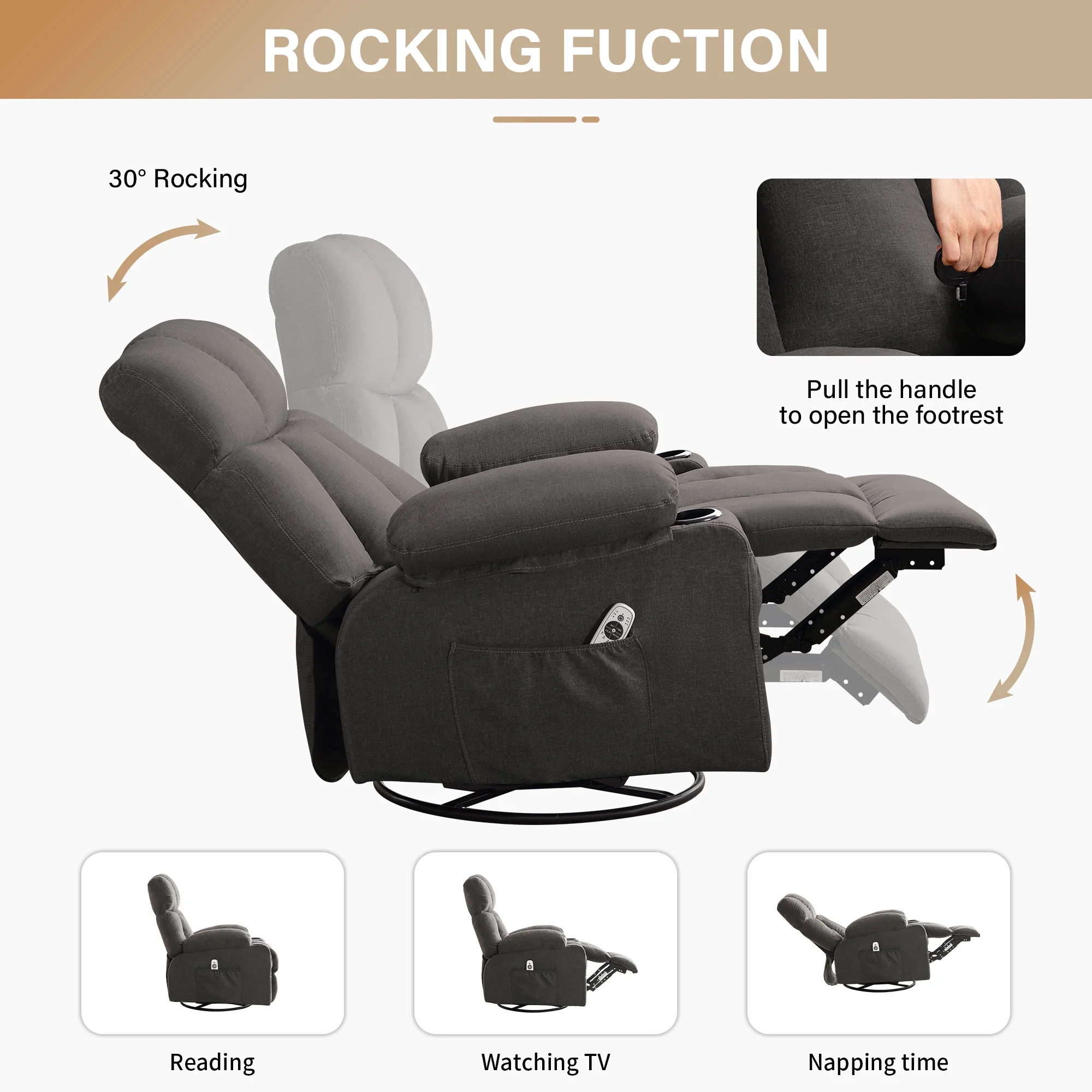 JONPONY Manual Recliner Chair with Heat Therapy and Massage Function, Heavy Duty Reclining Mechanism Massage Chair, Elderly Single Rocker Sofa with Cup Holders for Bedroom Home Theater,Grey