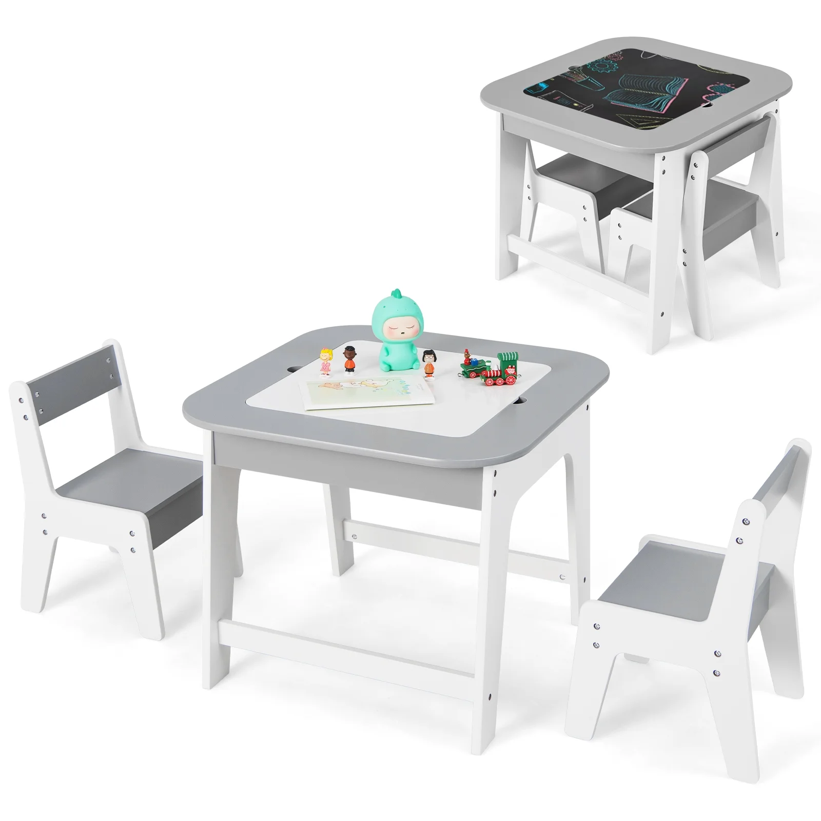 OLAKIDS Kids Table and Chair Set, 3 in 1 Wooden Activity Table with Removable Tabletop, Blackboard and Whiteboard for Toddlers Arts Crafts Drawing Reading Playing, Playroom Nursery (Natural)