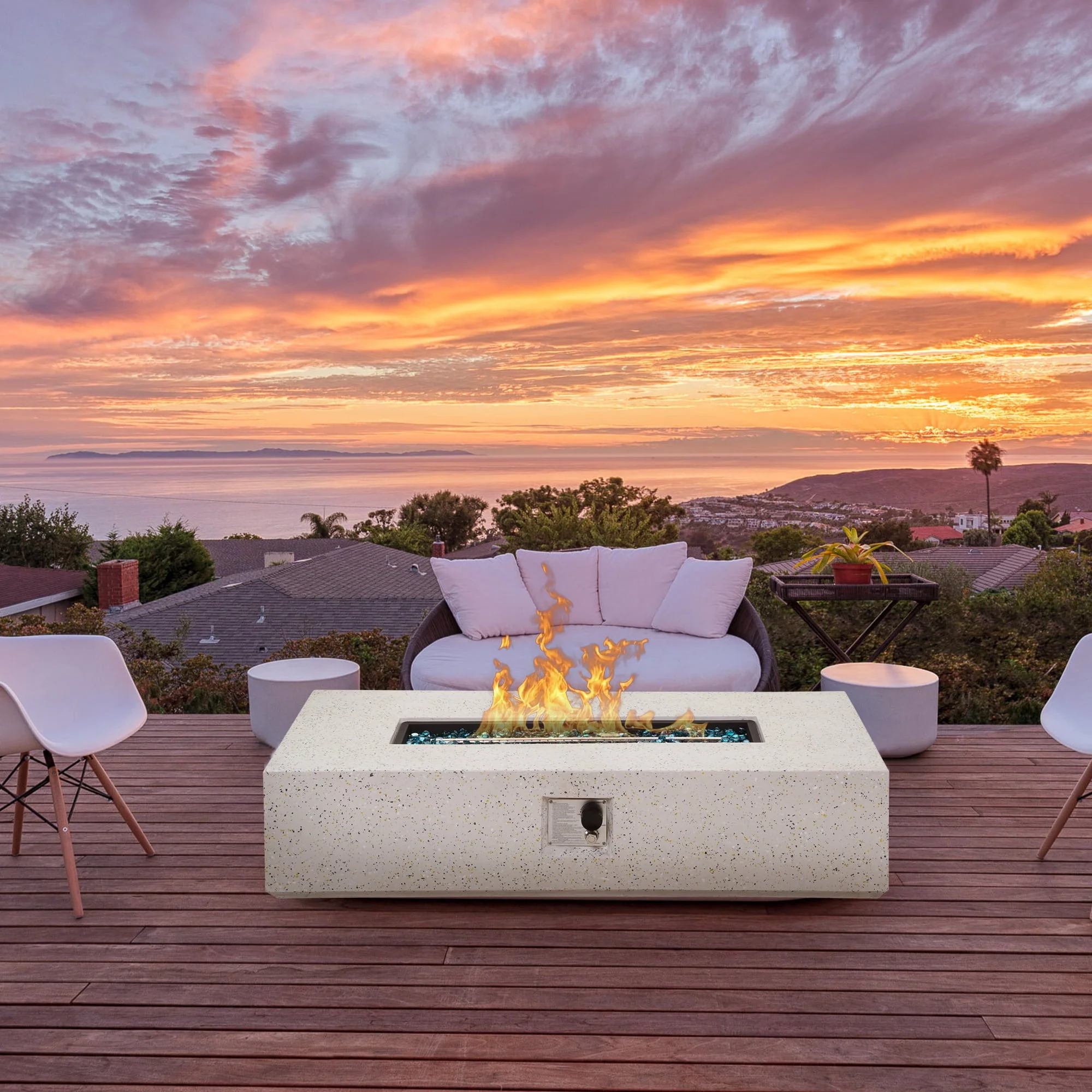 ESSENTIAL LOUNGER 56 inch Concrete Propane Fire Pit Table, 50,000 BTU Outdoor Firepit Rectangular Table for Garden＆Patio, with Propane Tank Metal Stand, Fire Glass Beads and Waterproof Cover, White