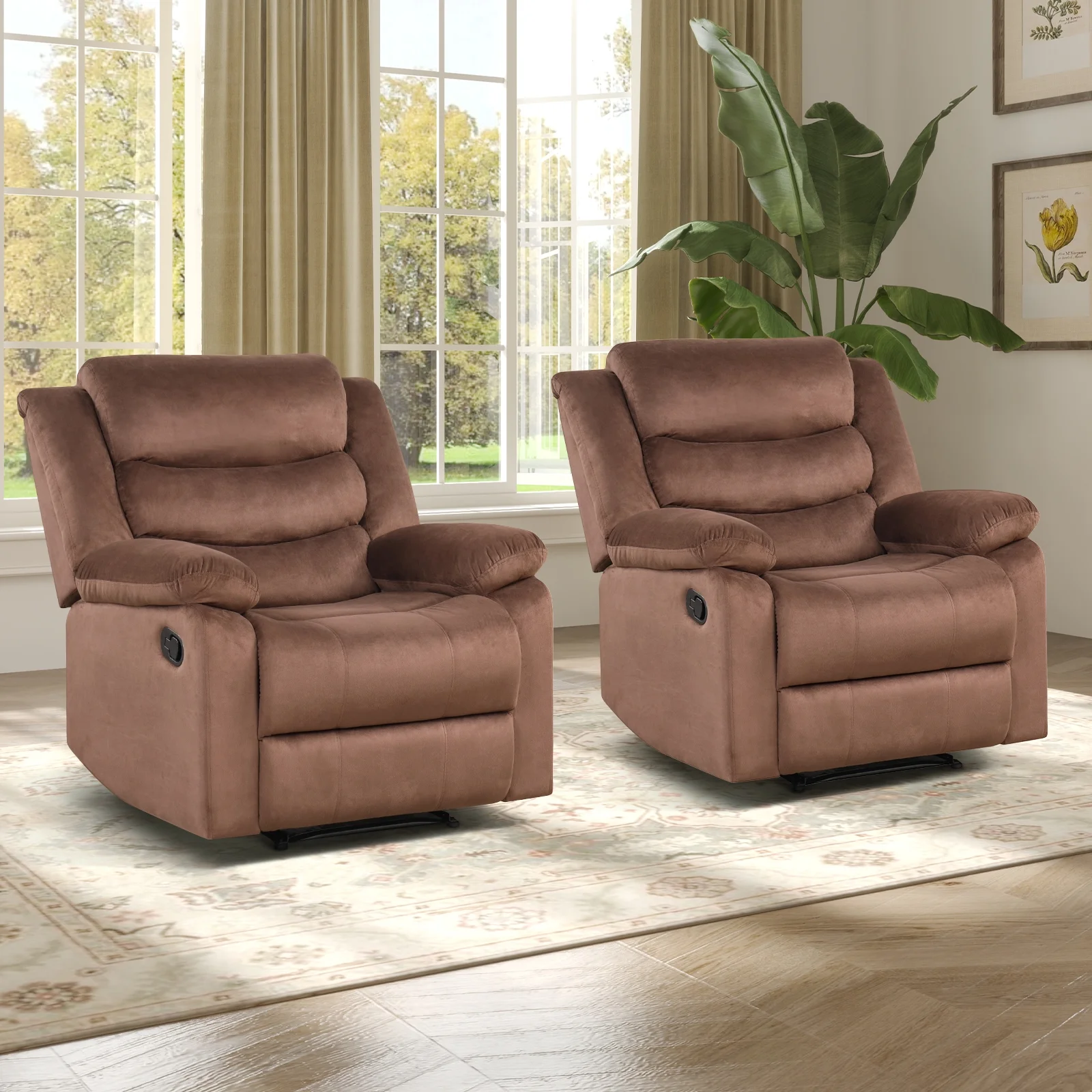 Bonzy Home Recliner Chairs for Living Room Overstuffed Breathable Fabric Reclining Chair Manual Sofa Brown