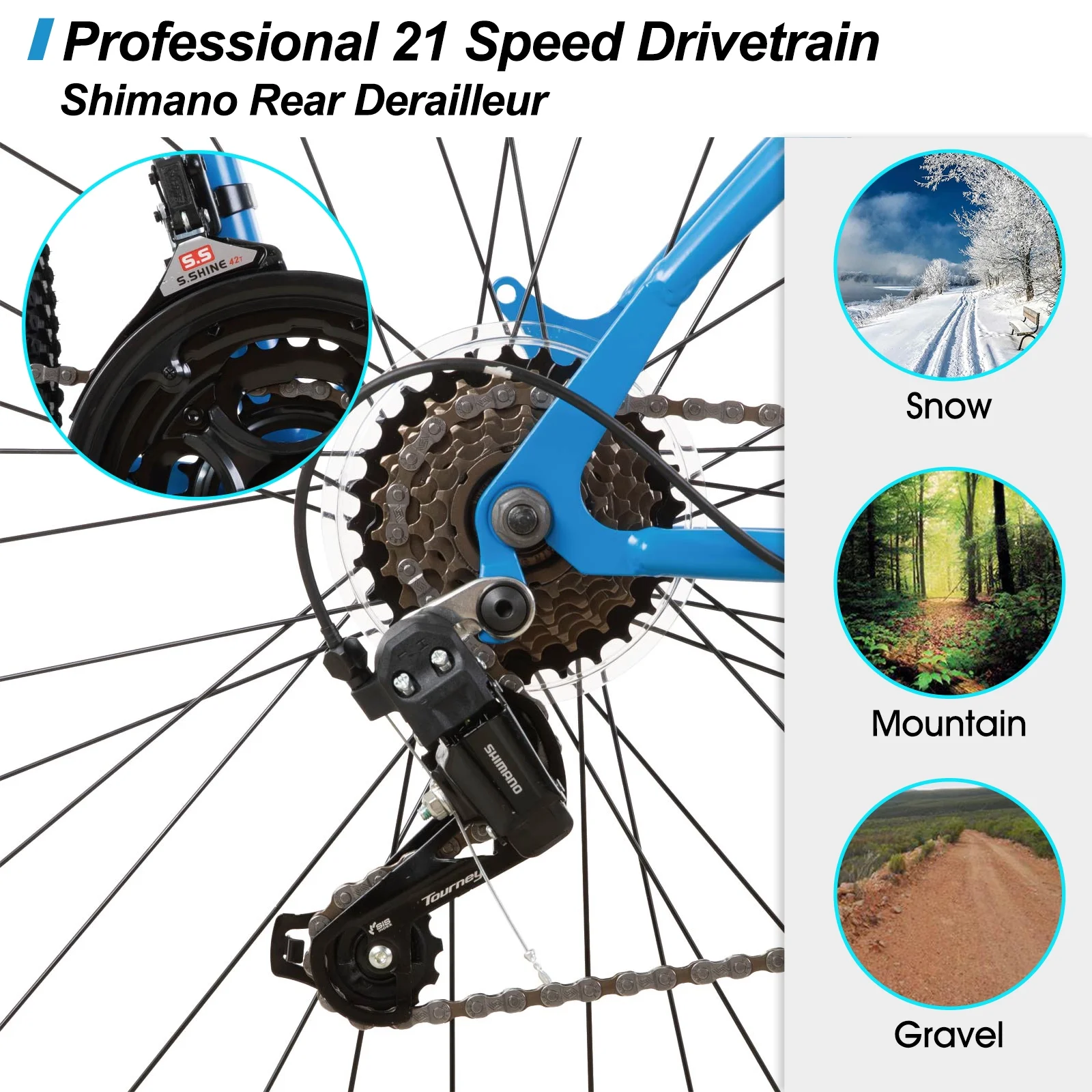 Hiland 26 27.5 29 Inch Mountain Bike, Mens Womens MTB with 21 Speeds, High-Tensile Steel Frame, V Brake, Hardtail Bicycle for Adults