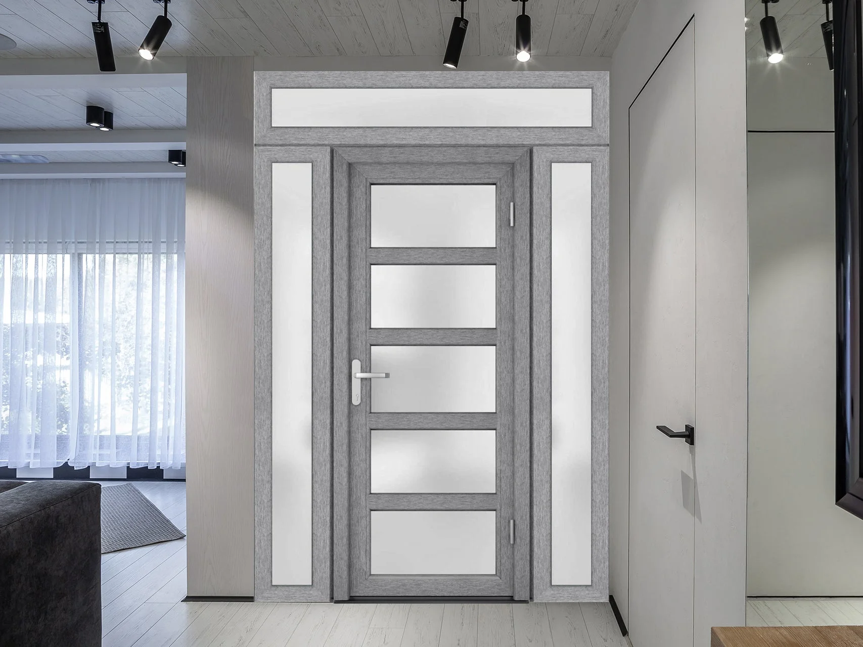Front Exterior Prehung Metal-Plastic Door Frosted Glass / Manux 8002 Grey Ash / 2 Side and Top Window / Office Commercial and Residential Doors Entrance Patio Garage 60