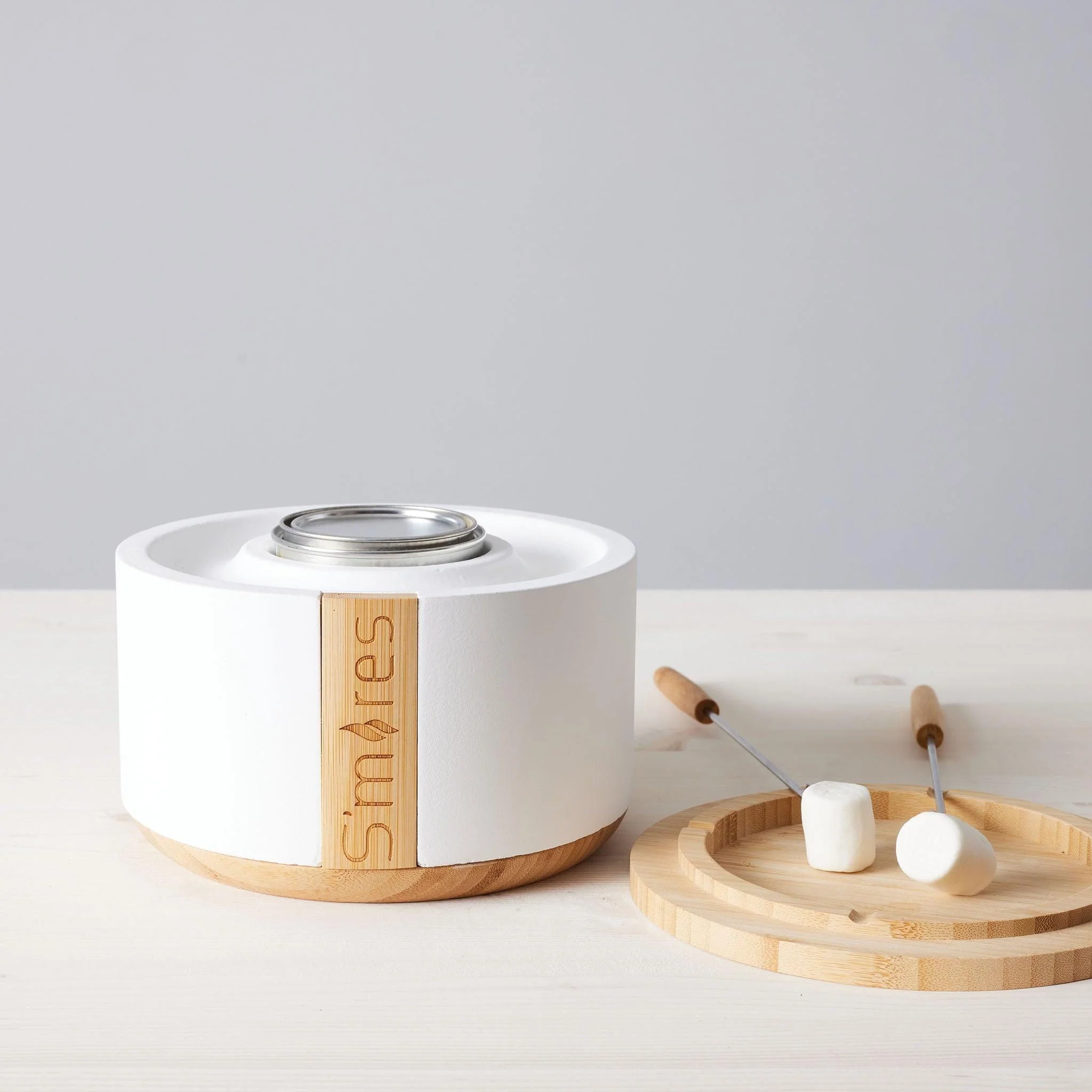 TerraFlame Portable Indoor and Outdoor Smoke Free Clean Burning Gel Fuel S'mores Roaster Tabletop Gift Set with Bamboo Tray - White