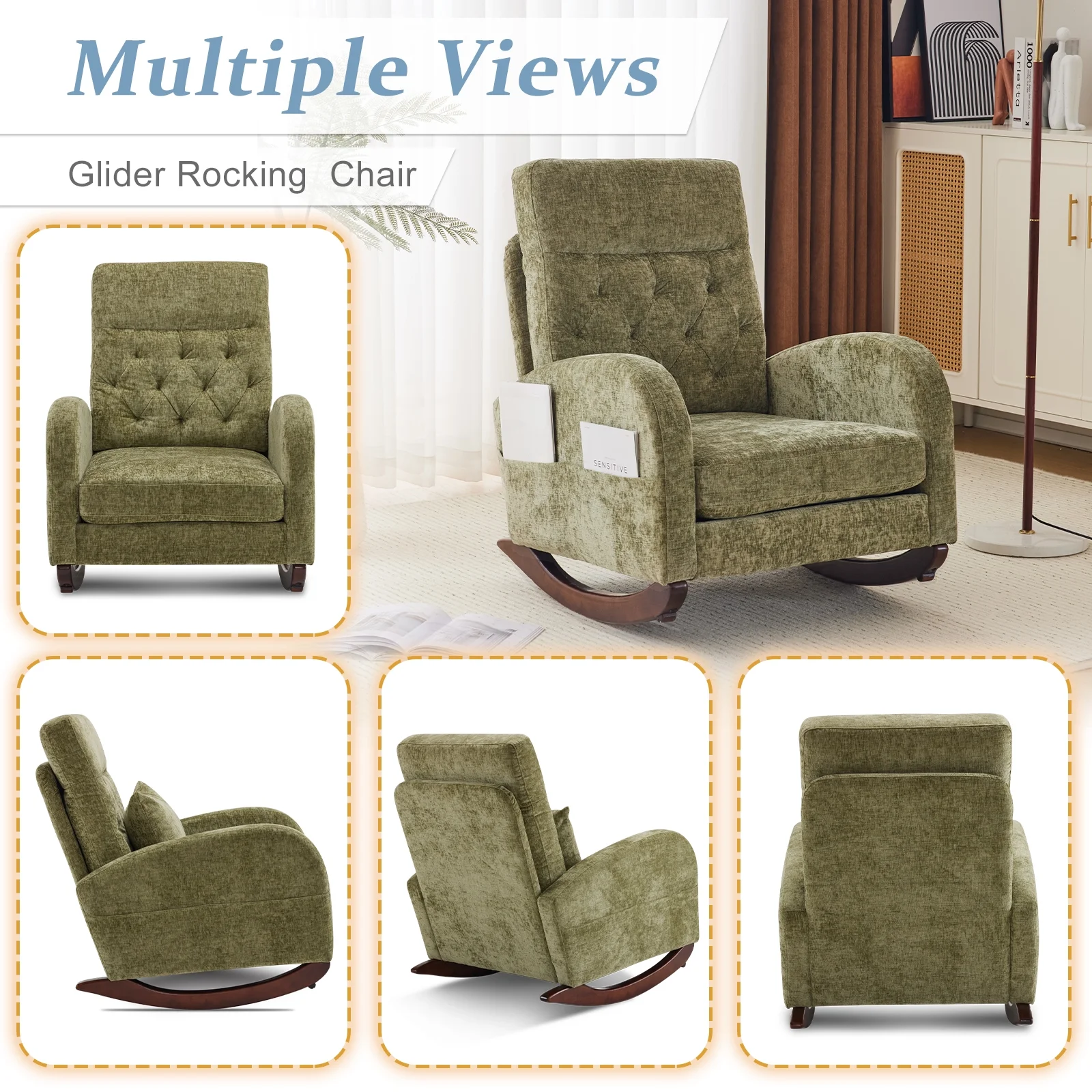 Ktaxon Rocking Accent Chair Glider Reading Chair Comfy Teddy Velvet Upholstered Single Sofa Rocker for Living Room, Nursery, Bedroom Beige