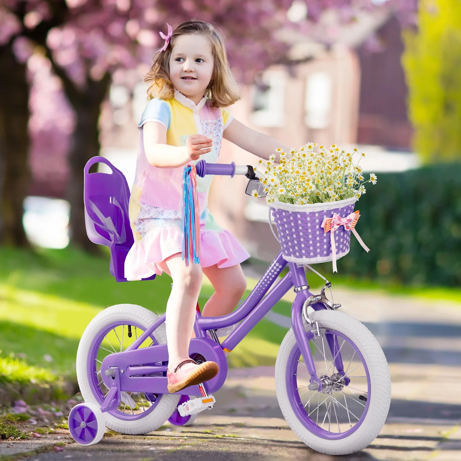 XJD Girls Bike for Toddlers 3-9 Years Old Kids, 14 Inch Kids Bike with Training Wheels, Streamers, Basket and Doll Seat, Children Bicycles with Handbrake