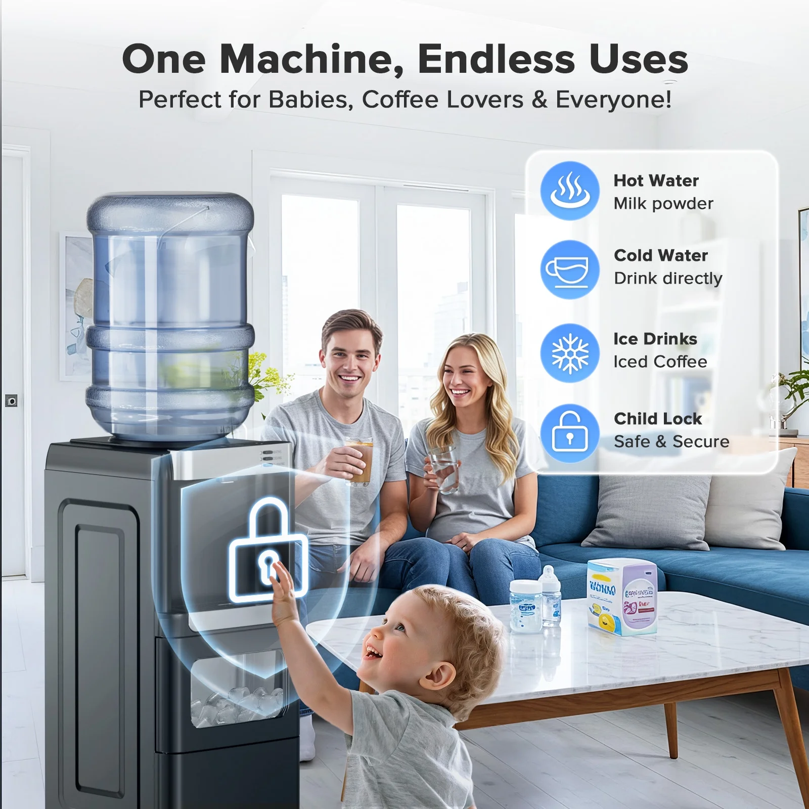 LHRIVER 2-5 Gallon Water Dispenser & 6-Min Ice Maker, 3-in-1 Hot/Cold/Ice, Child Lock & Energy-efficient, for Home/Office, Black