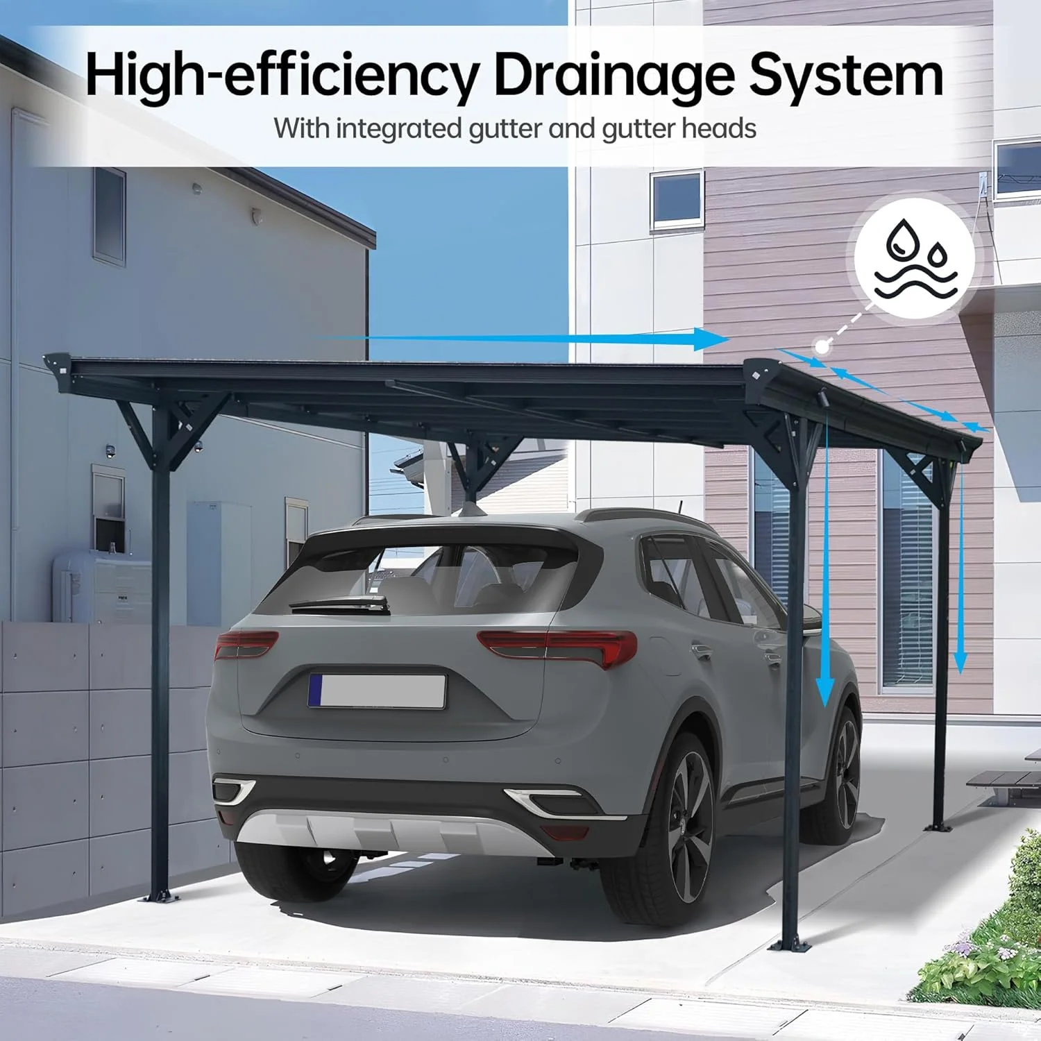 JINSEED 10 x 16ft Metal Carport with Heavy Duty Metal Frame & Pitched-Roof Polycarbonate Panel Canopy, Multi-Purpose Shelter for Car, Truck, SUV, Tractor, and Boat,Gray