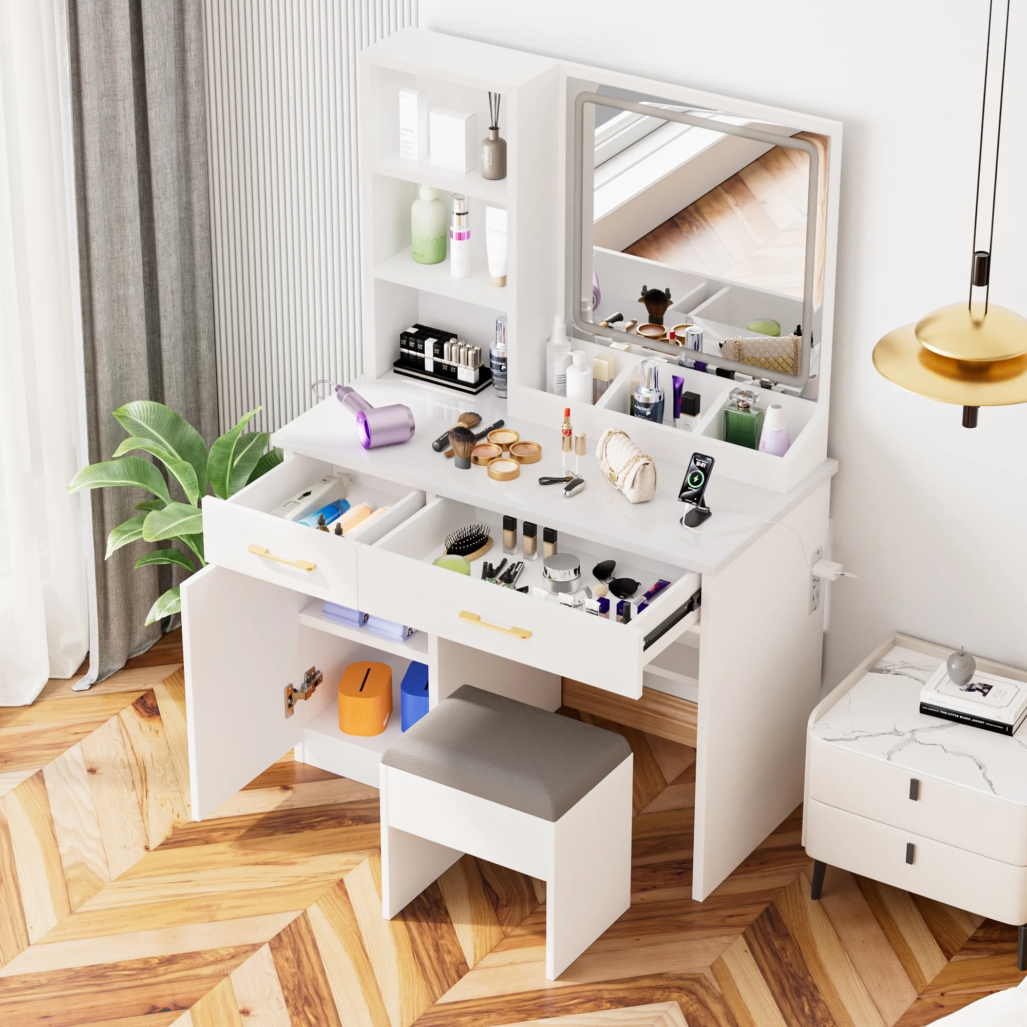 Furnibear Vanity Desk Set with Mirror and Light, Makeup Table with 2 Drawers and Cabinet, Power Outlet and 3 Color Modes Brightness Adjustable