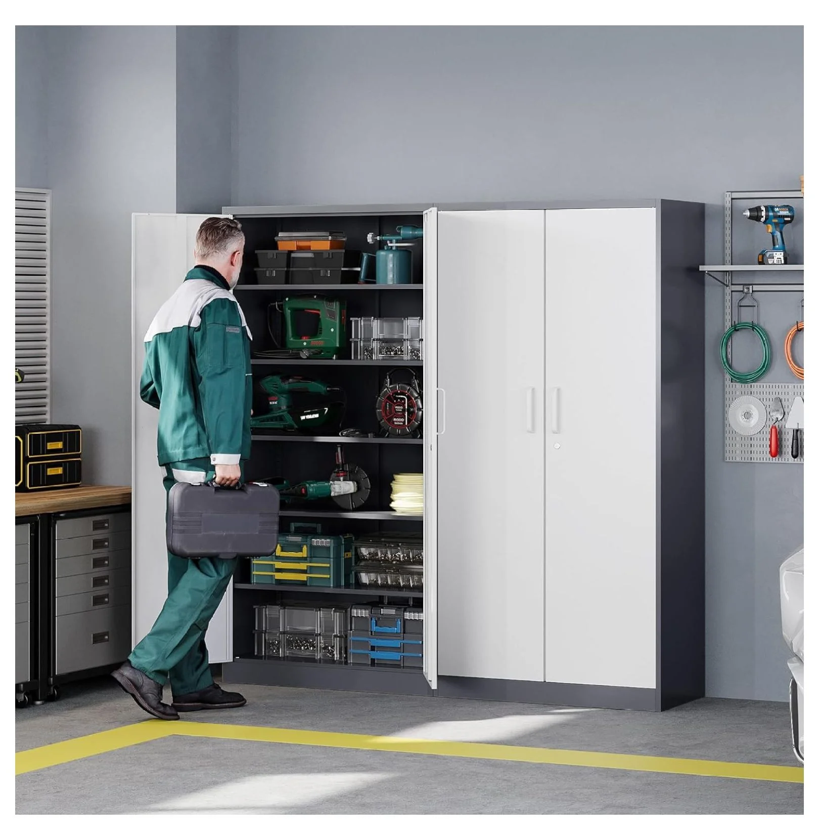 KriKac Metal Storage Cabinets with Lock Doors,Tall Locker Organizer Steel Garage Cabinets, 5 Adjustable Layers Shelves for Home, Office, Warehouse,Tool,Industrial(Black)