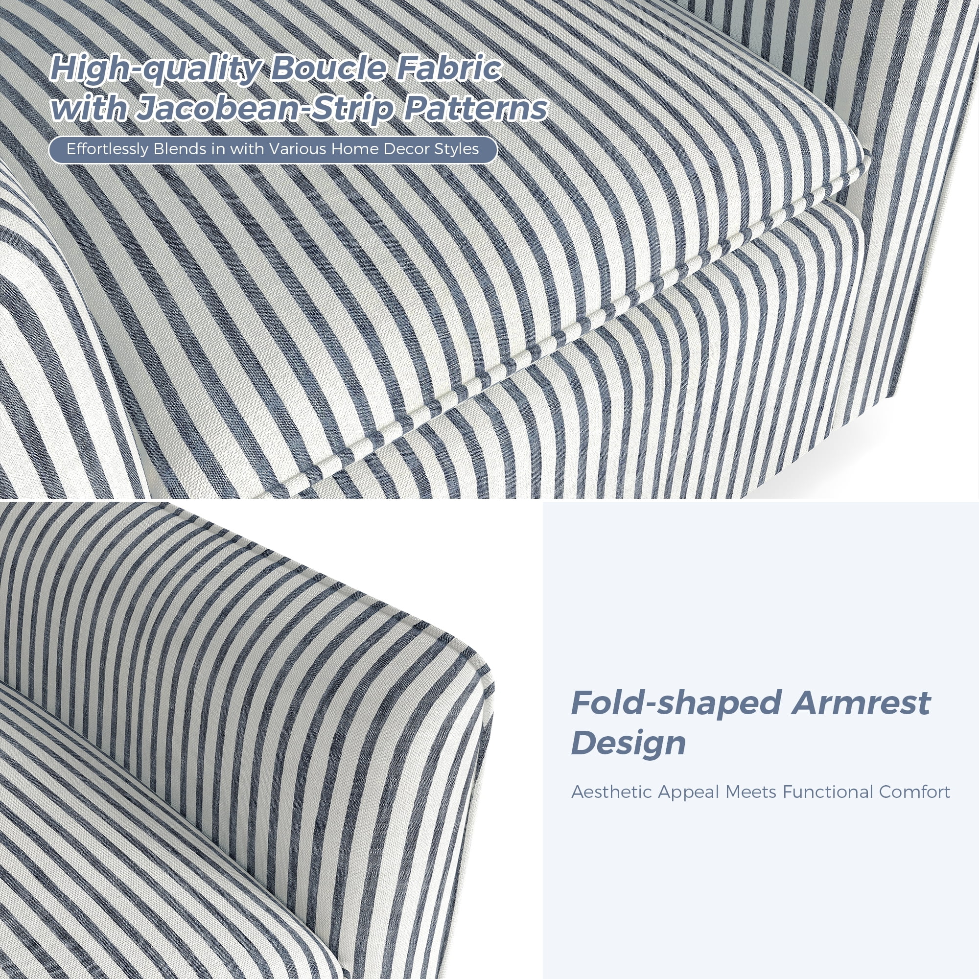 Bonzy Home 360�� Swivel Chair with Thick Cushion �C Blue Stripe Fabric Accent Chair for Living Room, Bedroom, Office �C Fully Assembled