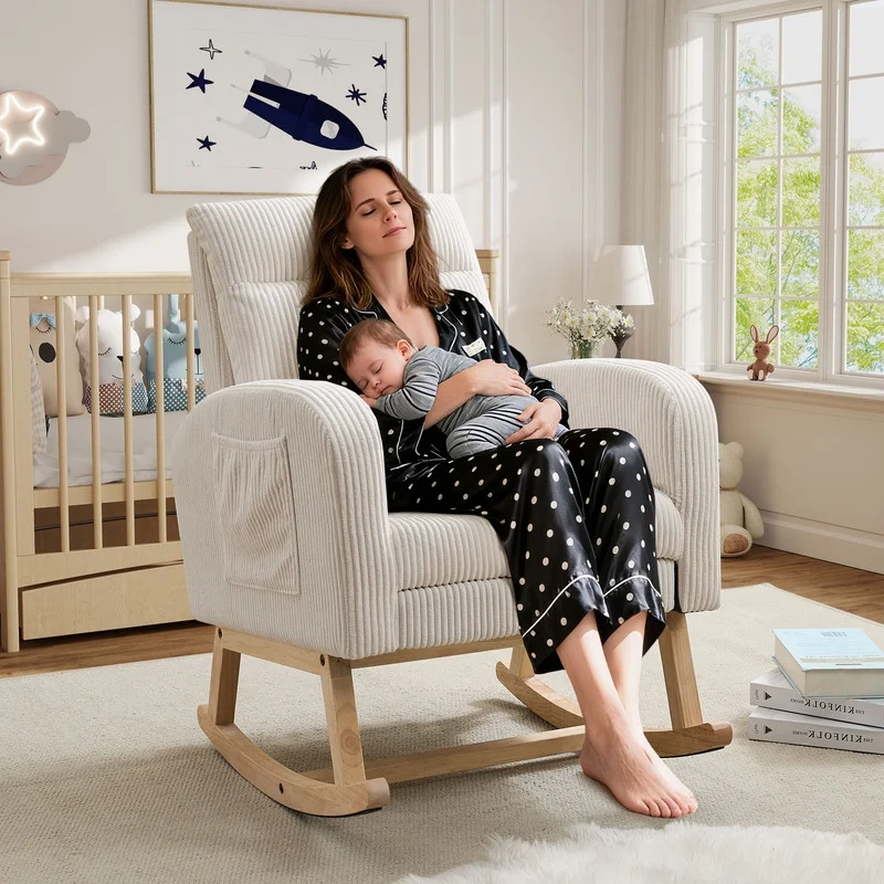 FFH Rocking Chair Nursery, Tufted Accent Rocker Chair, Upholstered Armchair with Adjustable Footrest, Side Pocket, High Backrest, Padded Seat, Polyester Blend (Retro, Dark Gray)