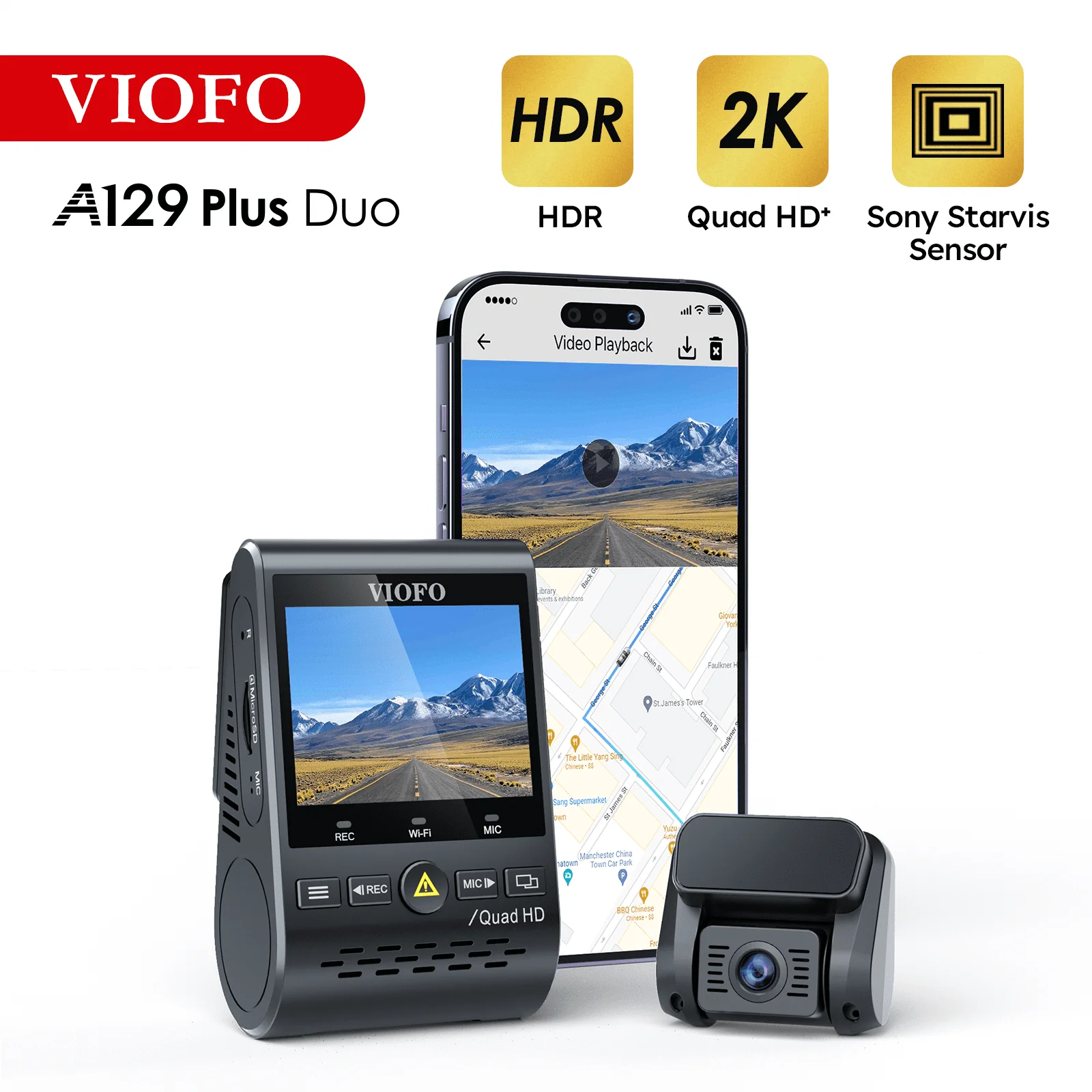 VIOFO Dual Dash Cam, 2K 1440P 60fps+1080P 30fps Front and Rear Dash Camera with Wi-Fi GPS, Parking Mode(A129 Plus Duo)