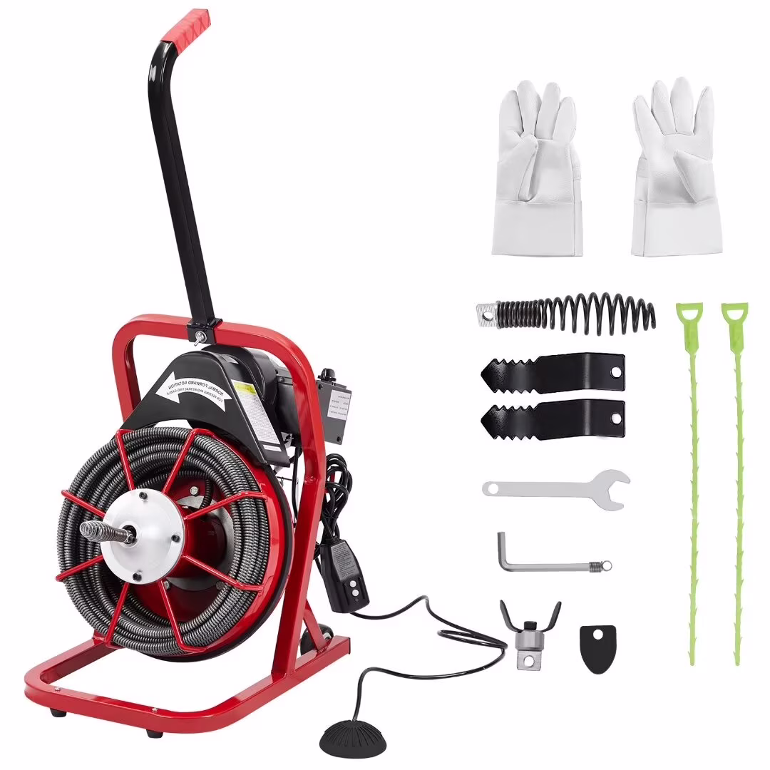Drain Cleaner Machine 75 Ft X 1/2 Inch, Professional Electric Drain Auger Sewer Auger fits 1 to 4 Inch Pipes, Portable Electric Drain Snake with 4 Cutters & Foot Switch and Gloves